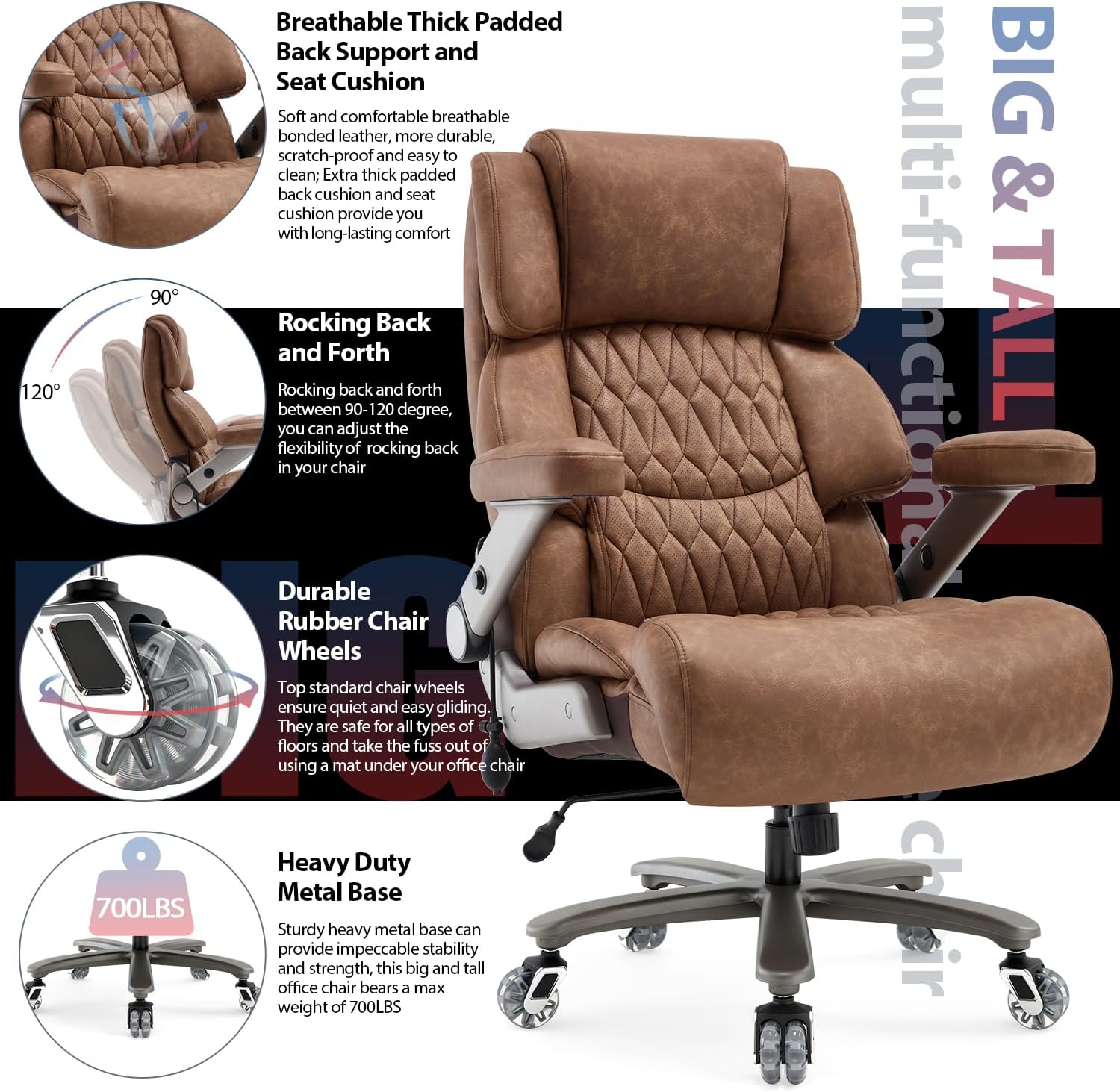 700lbs Big and Tall Office Chair - Adjustable Lumbar Support Heavy Duty Metal Base Quiet Rubber Wheels High Back Large Executive Computer Desk Swivel Chair, Ergonomic Design for Back Pain