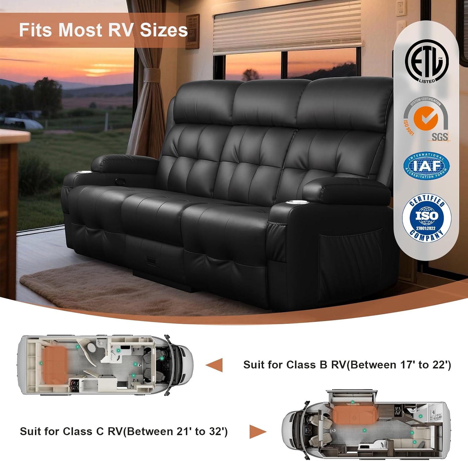 RV Loveseat Recliner Sofa, Oversized Massage Wall Hugger 3-Seater Recliners Couch with Flip Middle Backrest, Drawers & Cup Holder, Reclining Sleeper, 150° Adjustable Recline for RV & Living Room