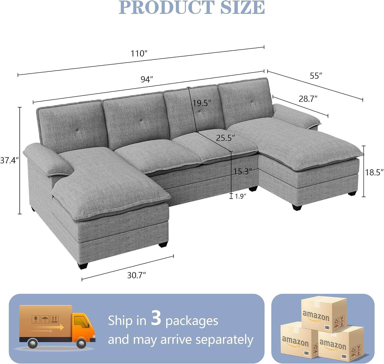 110' Sectional Couches for Living Room,U Shaped Big Sofa Couch with Double Chaise,Modern 4 Seat Modular Sofa Couches with Thick Cushion & Soft Backrest,New Grey