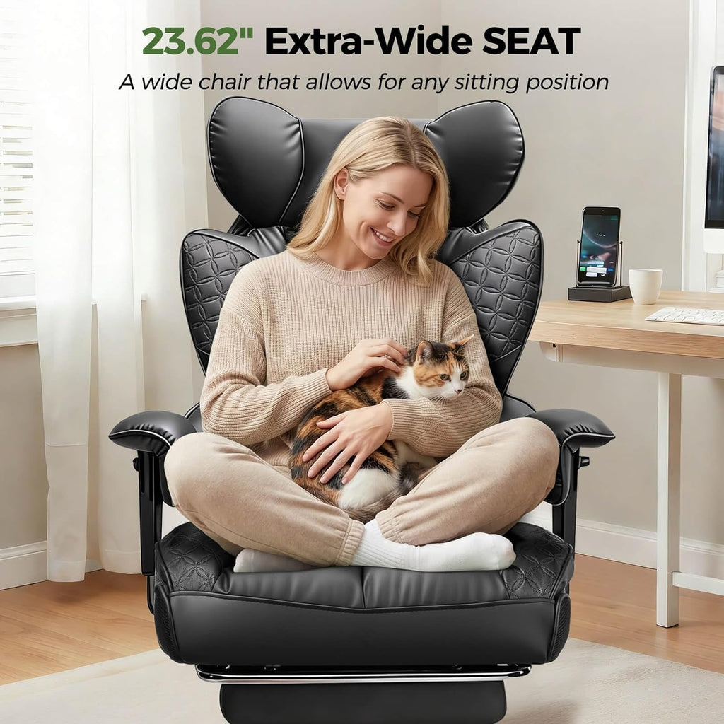 GTPOFFICE Big and Tall Office Chair 400LBS Wide Seat Computer Gaming Chair with Footrest & Comfy Lumbar Support, Leather High Back Executive Chair with Ergonomic Pressure Relief Seat Cushion, Black
