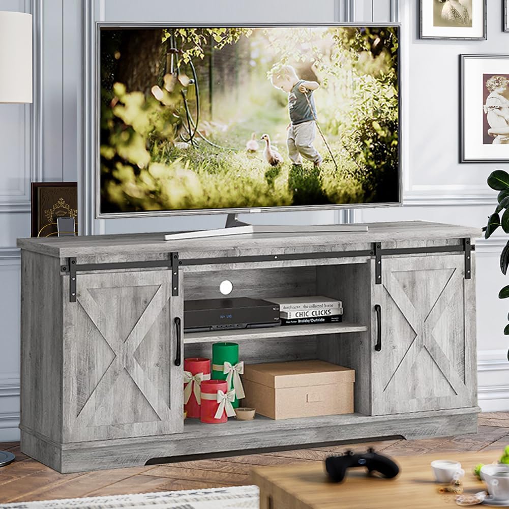 IDEALHOUSE TV Stand Farmhouse Entertainment Center for 65 Inch TV Media Console Cabinet, Gray Barn Doors TV Stand with Storage and Shelves, Modern TV Console Table Furniture (Gray)