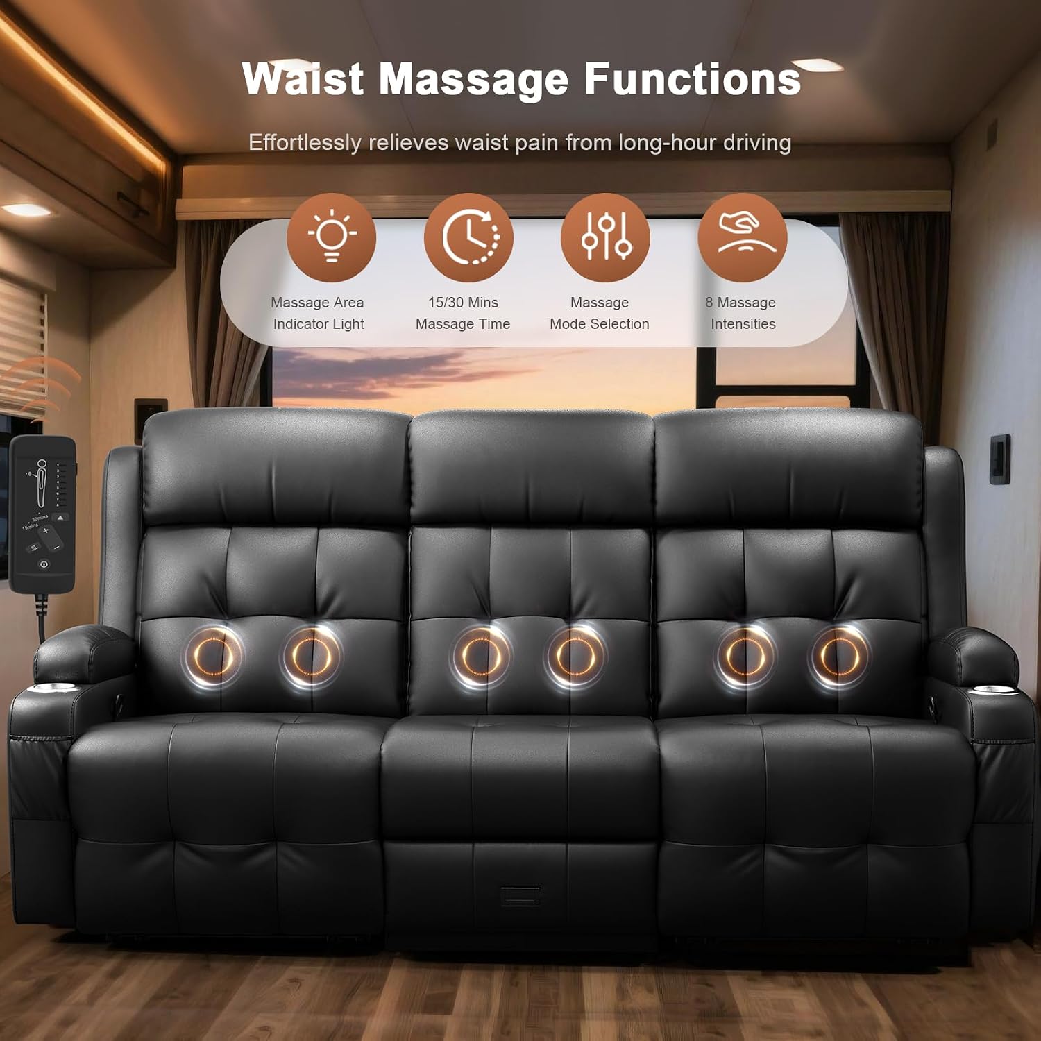 RV Loveseat Recliner Sofa, Oversized Massage Wall Hugger 3-Seater Recliners Couch with Flip Middle Backrest, Drawers & Cup Holder, Reclining Sleeper, 150° Adjustable Recline for RV & Living Room