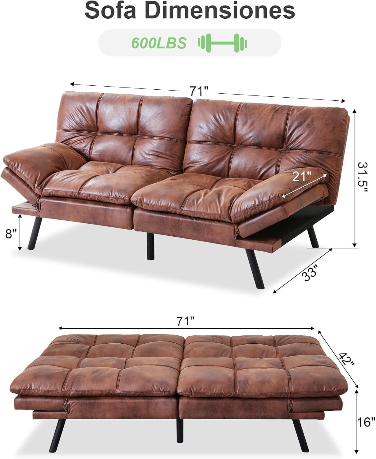 MUUEGM Futon Sofa Bed Cognac Memory Foam Small Loveseat Sleeper Sofa with Adjustable Backrest Removable Armrests for Small Space Office Couch,Living Room,Apartment