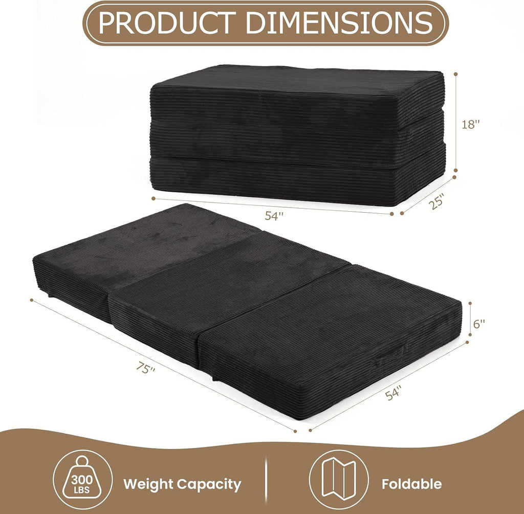 6-Inch Tri-Folding Mattress Full Size - Foldable Futon Sofa Bed with Removable Washable Cover, Folding Mattress | Non-Slip Bottom & Carry Handles for Guest, Camping, Dorm