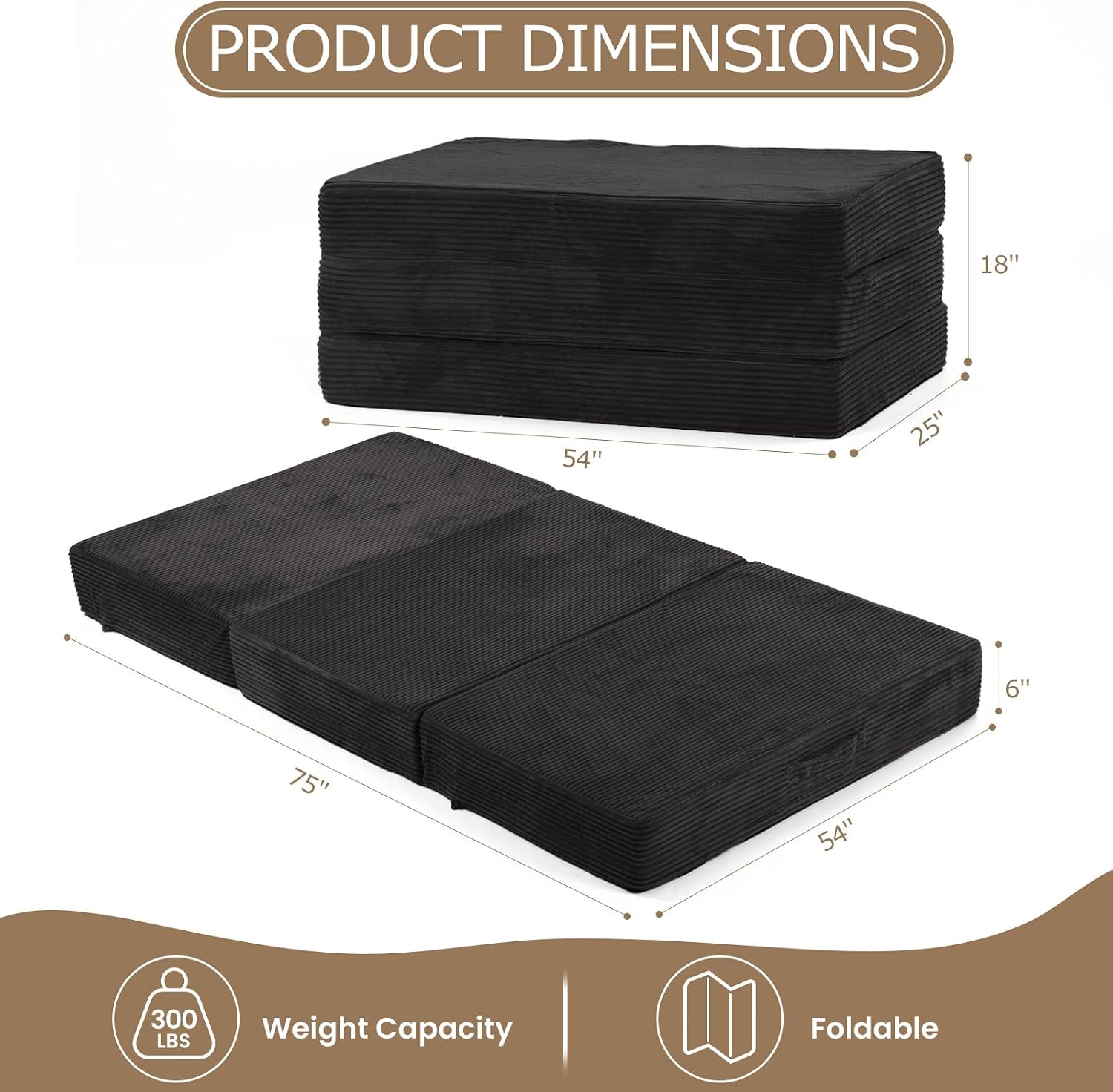 6-Inch Tri-Folding Mattress Full Size - Foldable Futon Sofa Bed with Removable Washable Cover, Folding Mattress | Non-Slip Bottom & Carry Handles for Guest, Camping, Dorm
