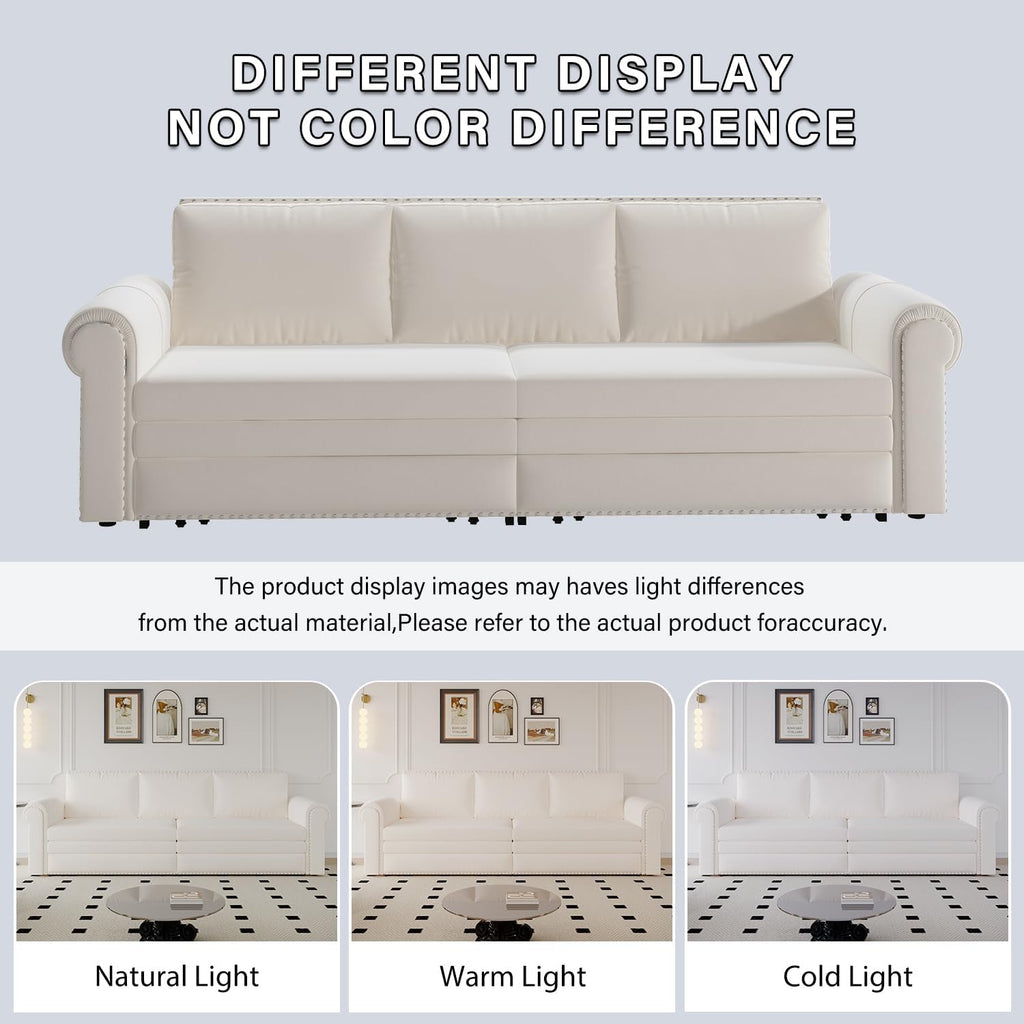 93.7' King Pull Out Sofa Bed, Velvet Sleeper Sofa Couch, 3 in 1 Convertible Futon Couches for Living Room, Small Space, Apartment, Office, Bedroom, Modern Rivet Armrest, Beige