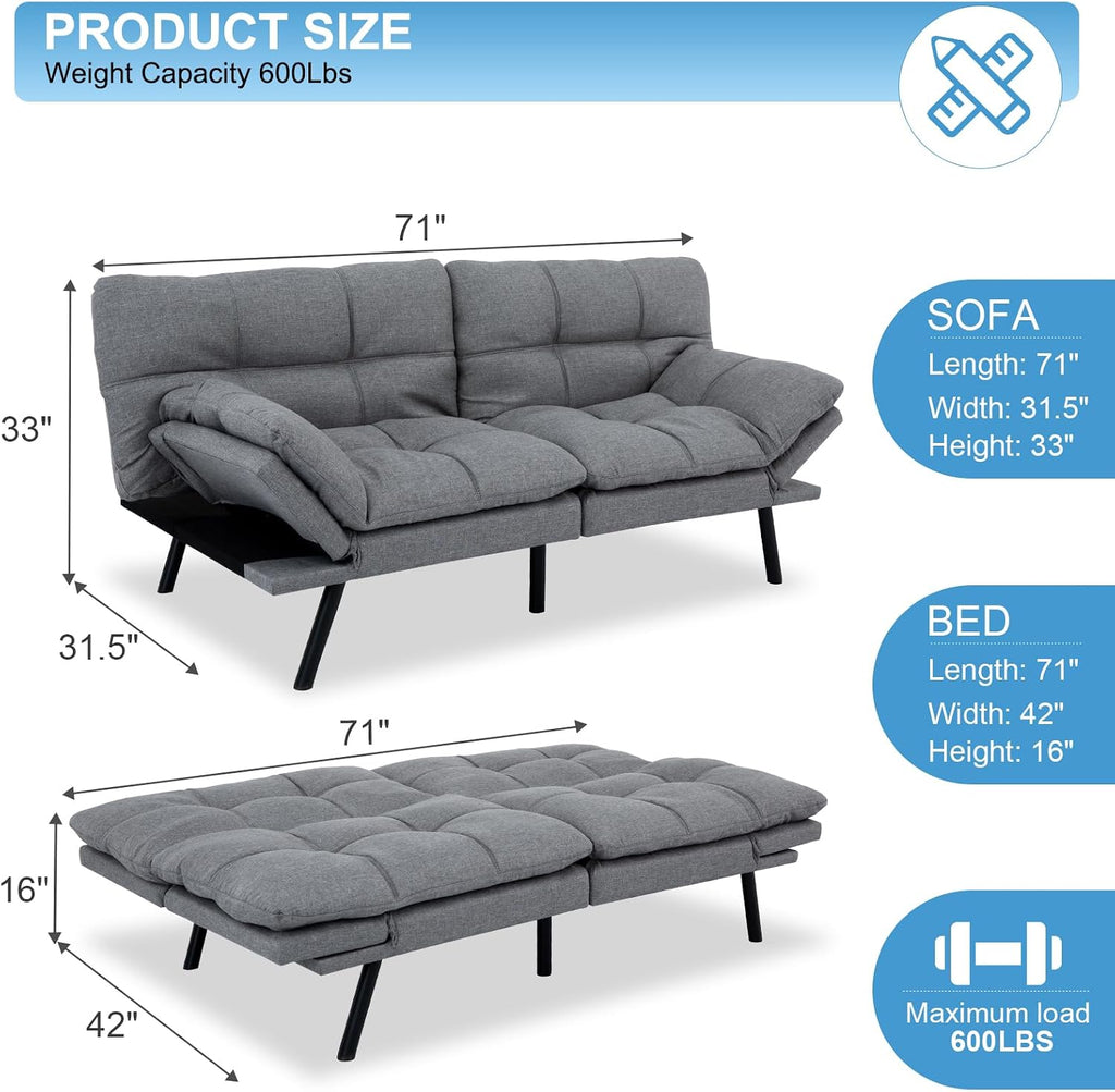MUUEGM Futon Sofa Bed Couch Sofa, Memory Foam Futon Sleeper Sofa Loveseat Convertible Couch Bed for Small Compact Spaces, Apartment,Light Grey.