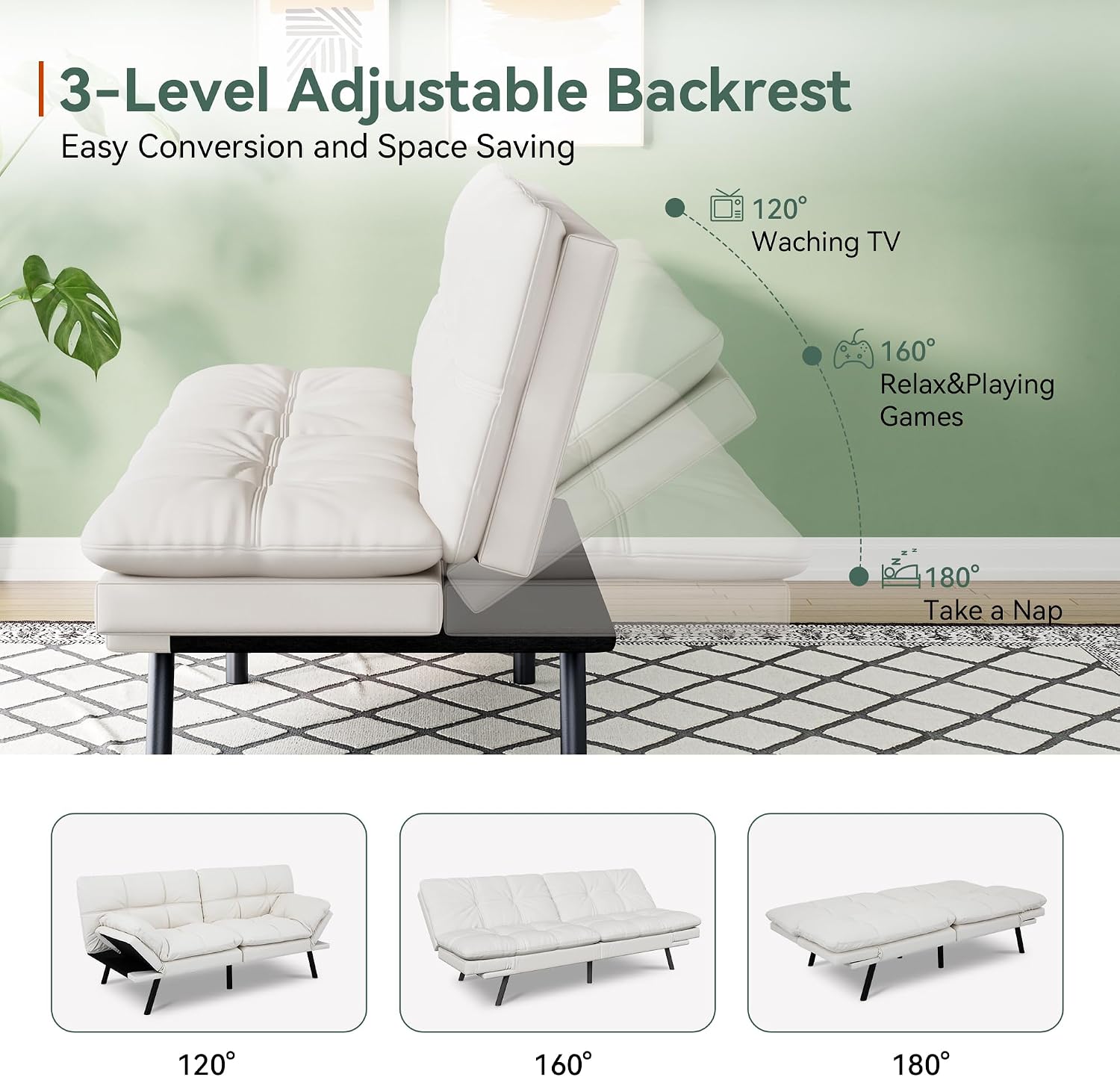 Opoiar 71' L Covertible Futon Sofa Bed,Faux Leather Futon Couch, Memory Foam Modern Loveseat Sleeper, Small Splitback Sofa Couches for Living Room,RV,Home Office,Apartment,White