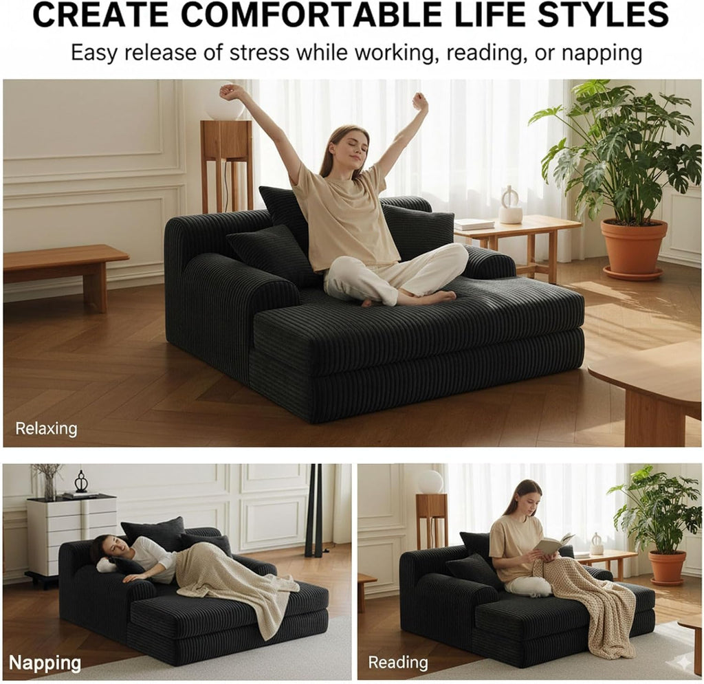 59' Oversized Chaise Lounge Chair Indoor, Comfy Corduroy Upholstered Sleeper Sofa Bed, Boneless Deep Seat Lounge Couch with Throw Pillows and Armrests, Modern Sofa for Living Room Bedroom,Black