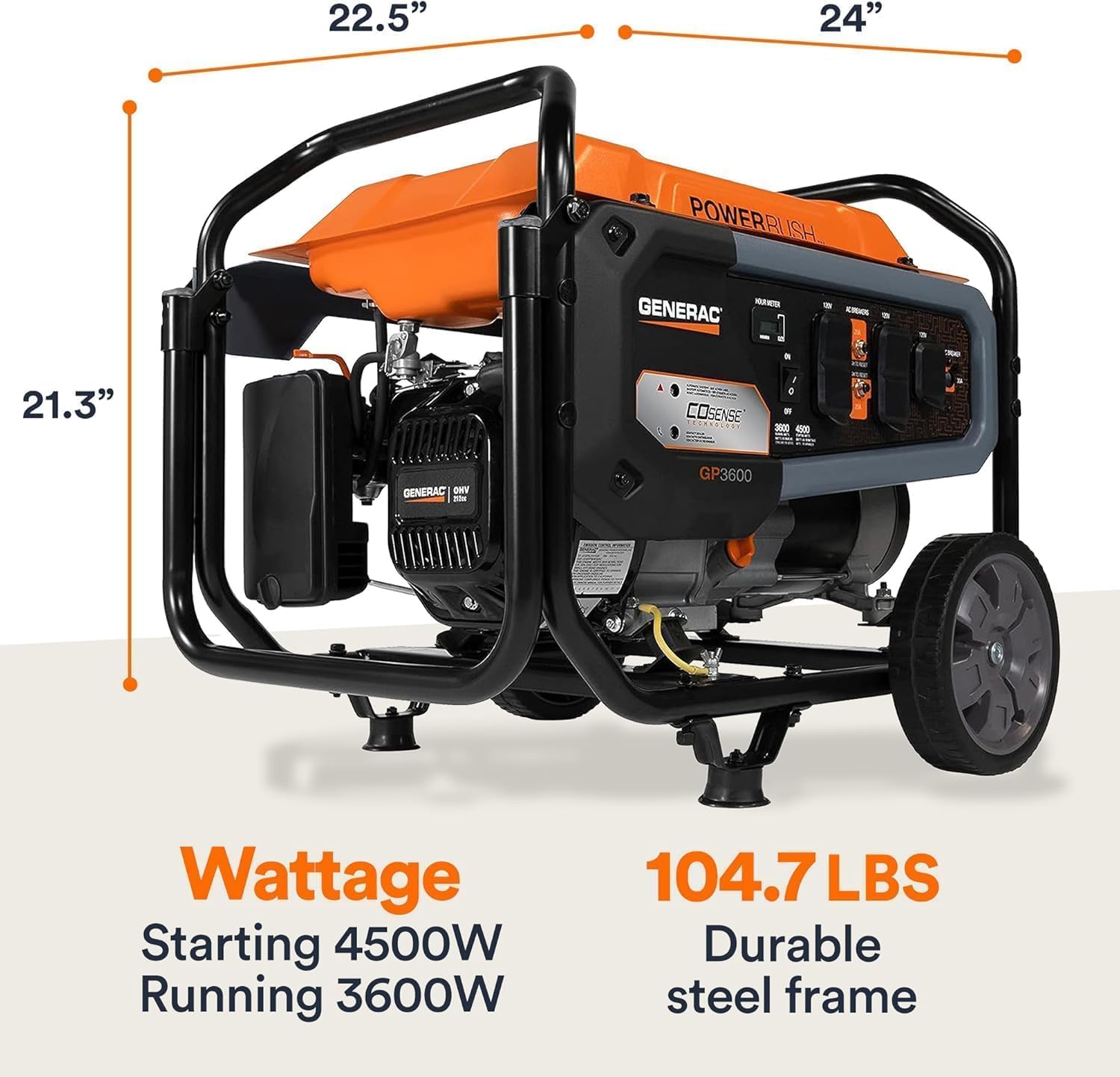 Generac 4,500 Starting Watt Portable Gas Generator, PowerRush Technology for 40% More Starting Capacity, COsense Carbon Monoxide Detection, Heavy Duty Steel Frame with Never-Flat Wheels, 49-State