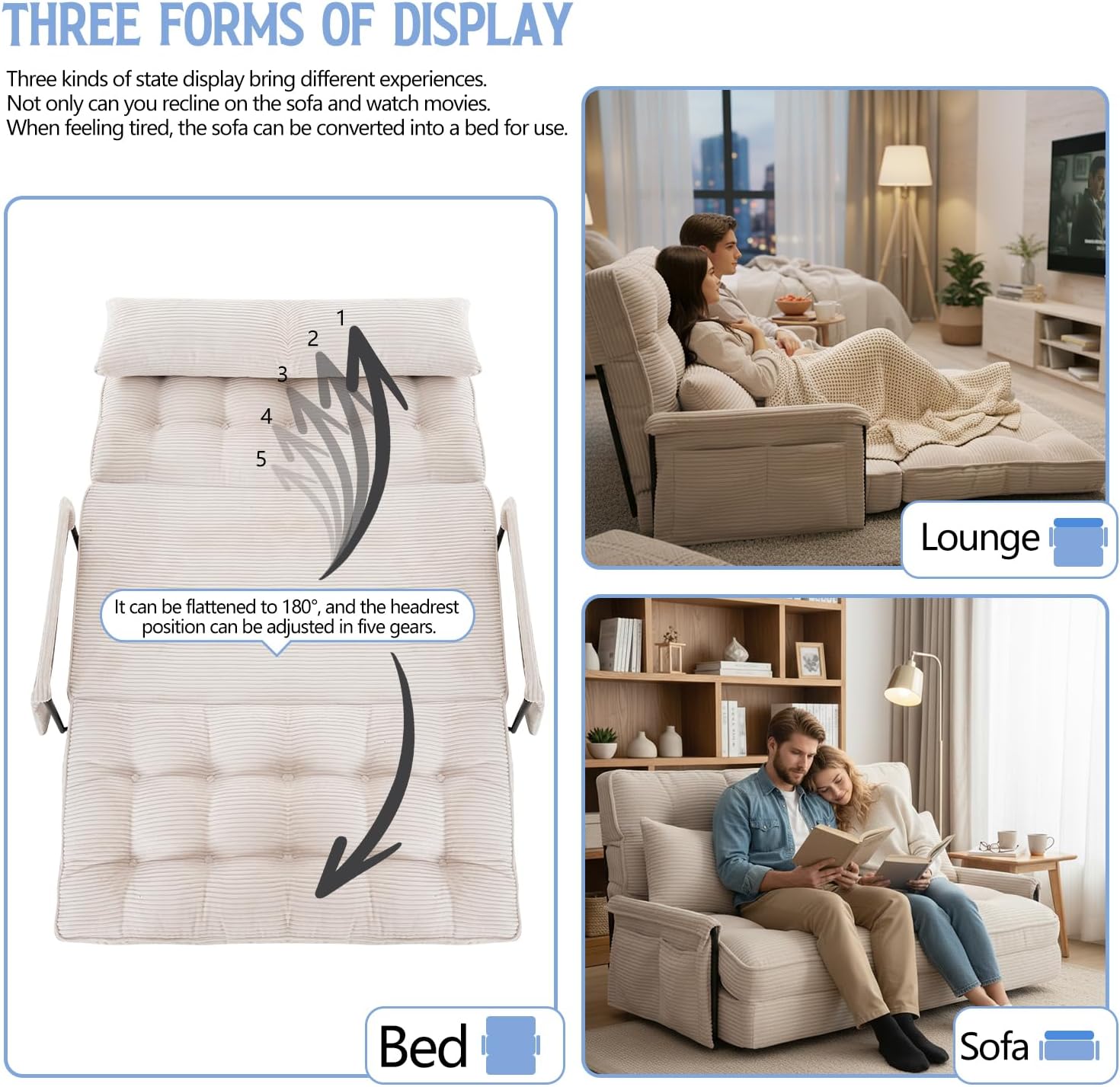 Convertible Futon Sofa Bed with Adjustable Backrest Pillows,Folding Loveseat Sleeper Sofa,Corduroy Pull Out Couches with Side Pocket for Living Room Bedroom Lounge（Cream）