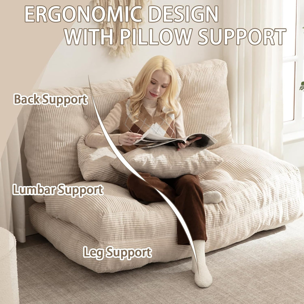Folding Sofa Bed, Convertible Sleeper Chair with Pillow Foldable Mattress with Back Support, Portable Fold Out Chair Bed Comfy Floor Sofa Lounge for Living Room Bedroom, Beige Full 80x54 Inch