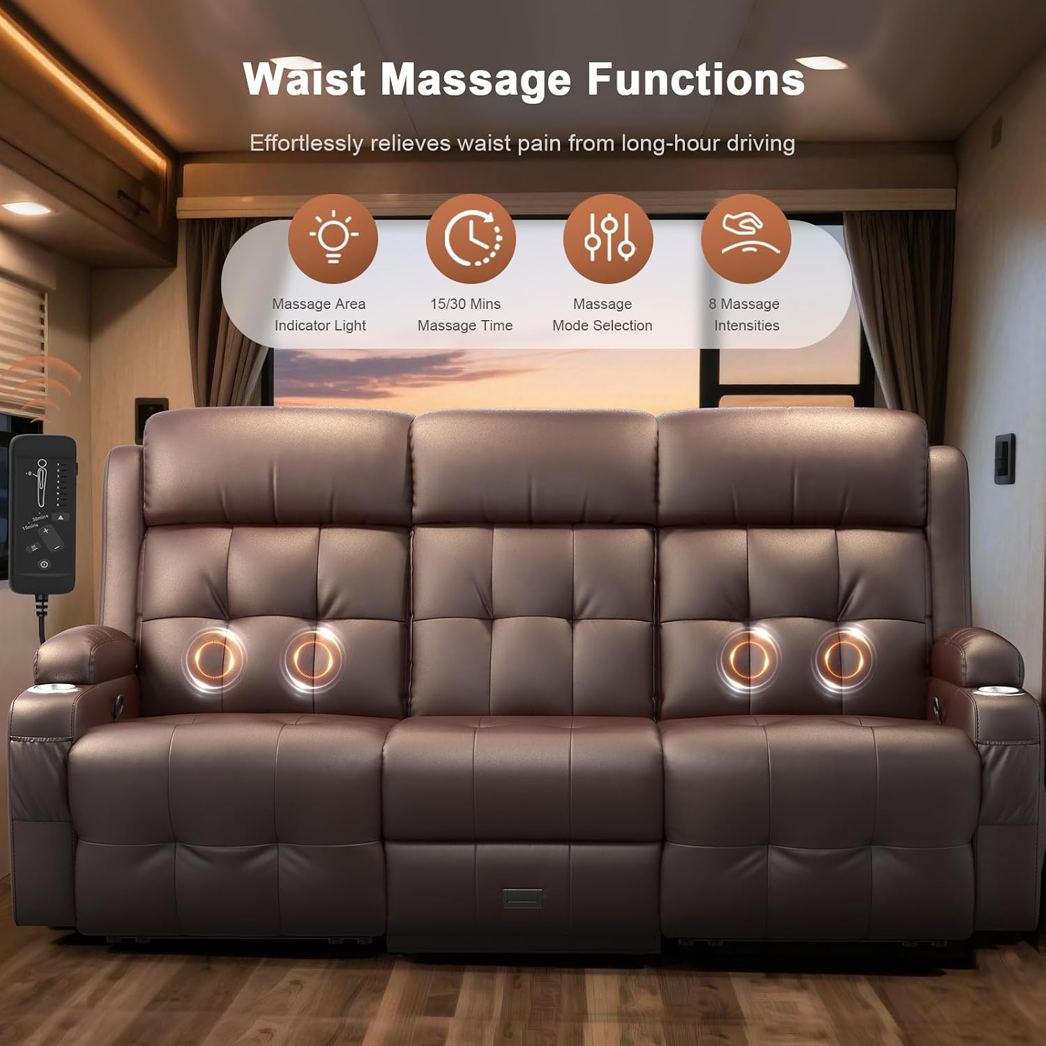 RV Loveseat Recliner Sofa, Built-in Power Strip, Massage Wall Hugger 3-Seater Recliners Couch, Flip Middle Backrest, Drawer & Cup Holder, Reclining Sleeper Sofa, 150° Recline for RV & Living Room