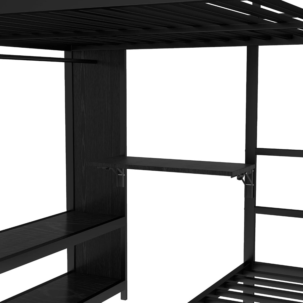 Bellemave Queen Over Twin XL bunk Bed with Foldable Desk and Wardrobe and Twin Trundle, loft Bed with Desk and Desk, Metal Bunk Beds with Storage, Black