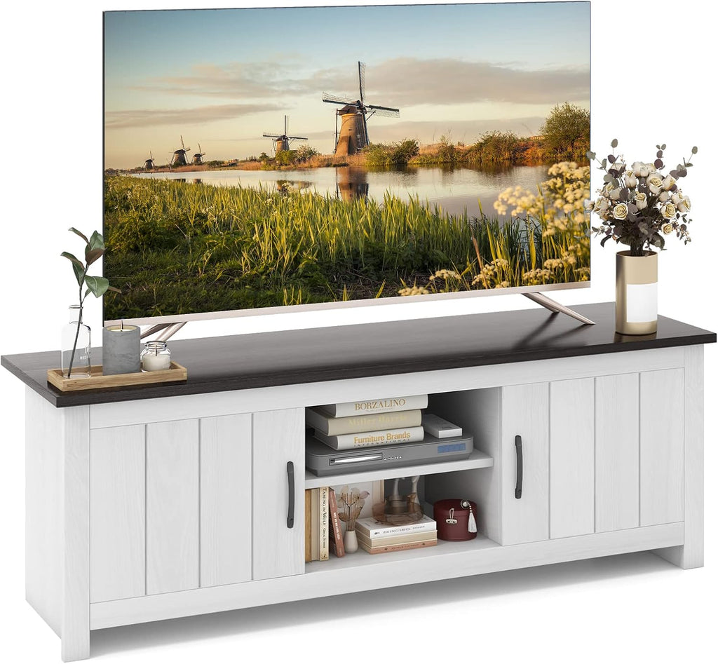 Tangkula 2 Doors TV Stand for TVs up to 65', 57' TV Console Table w/ 2 Cabinets & Open Shelves, Media Entertainment Center w/ 2 Cable Management Holes, Wood TV Cabinet for Living Room (Dark Brown)