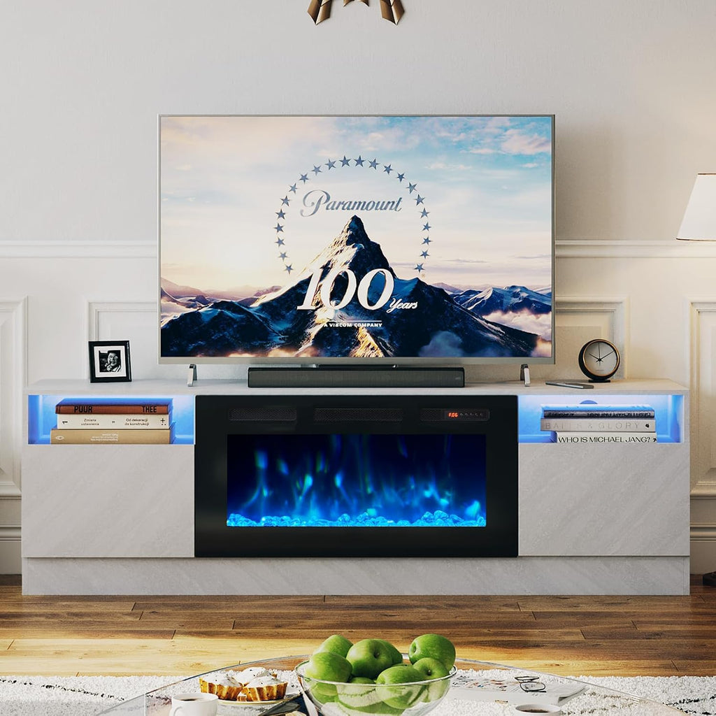 oneinmil 80' TV Stand with 36' Electric Fireplace, Large Modern Media Entertainment Center with Storage Cabinet and 12 Colors LED Lights for TVs Up to 90', Grey+Black