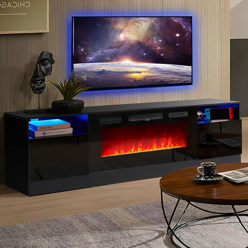 oneinmil Fireplace TV Stand with 36' Electric Fireplace, LED Light Entertainment Center, Modern Wood Texture Entertainment Stand with Highlight Storage Cabinet for TVs Up to 80', 70 inches, Black