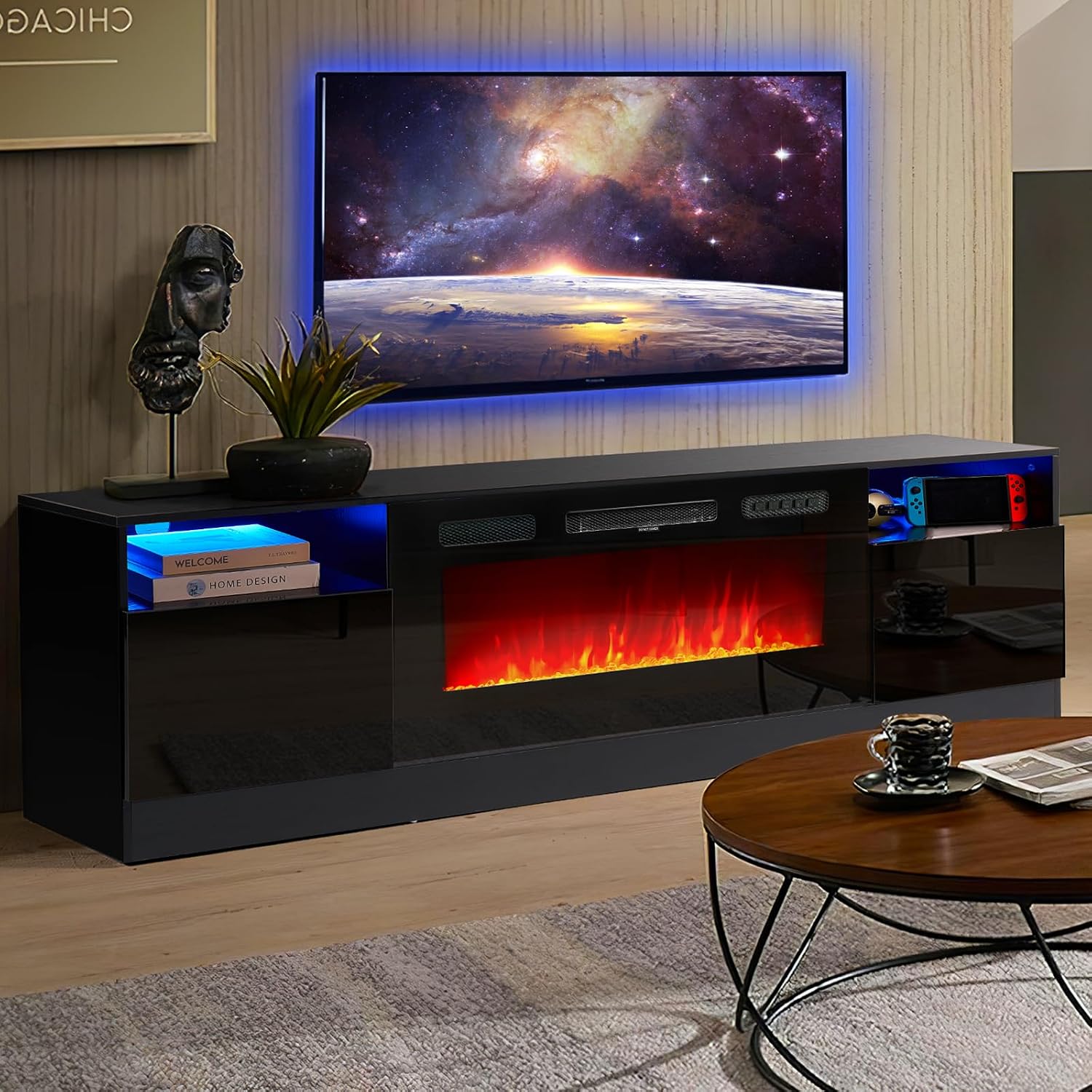 oneinmil Fireplace TV Stand with 36' Electric Fireplace, LED Light Entertainment Center, Modern Wood Texture Entertainment Stand with Highlight Storage Cabinet for TVs Up to 80', 70 inches, Black