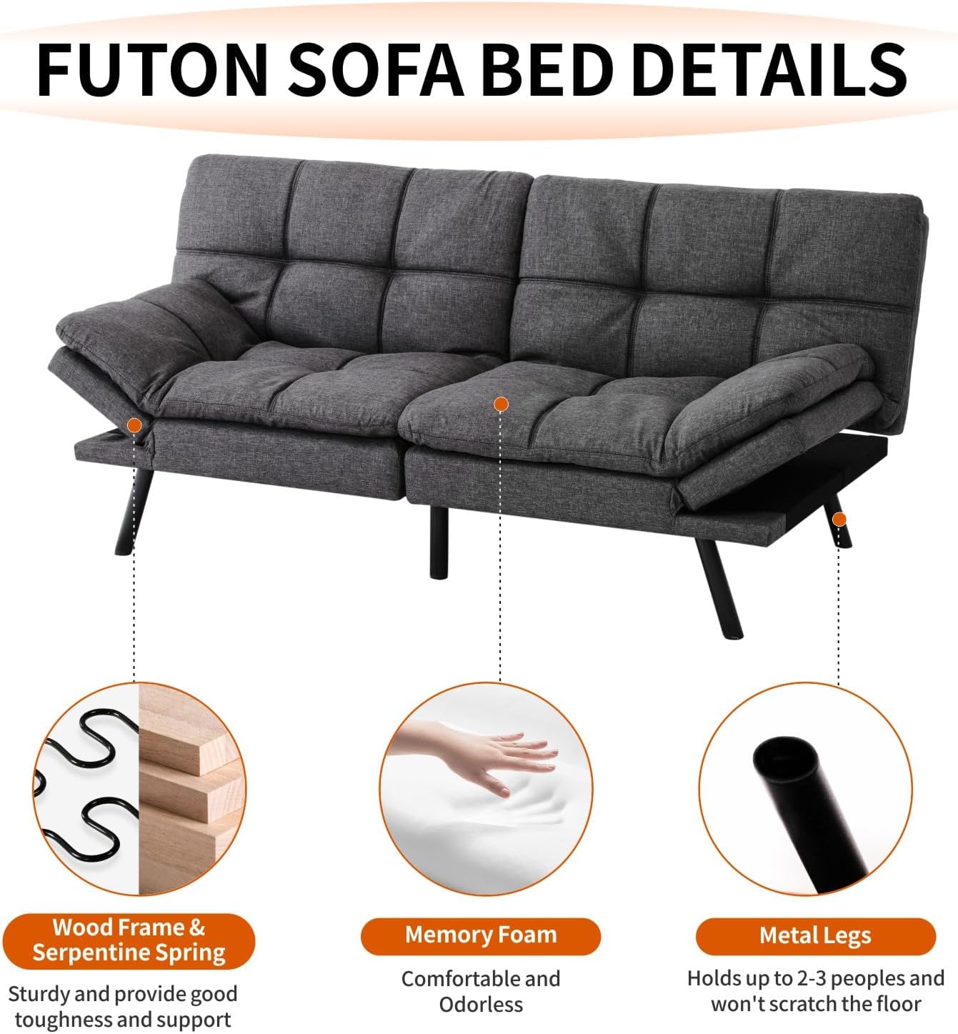 MUUEGM Futon Sofa Bed 71' Gunmetal Convertible Memory Foam Futon Couch Bed Modern Loveseat Sleeper with Adjustable Backrests Armrests for Living Room,Small Space,Office