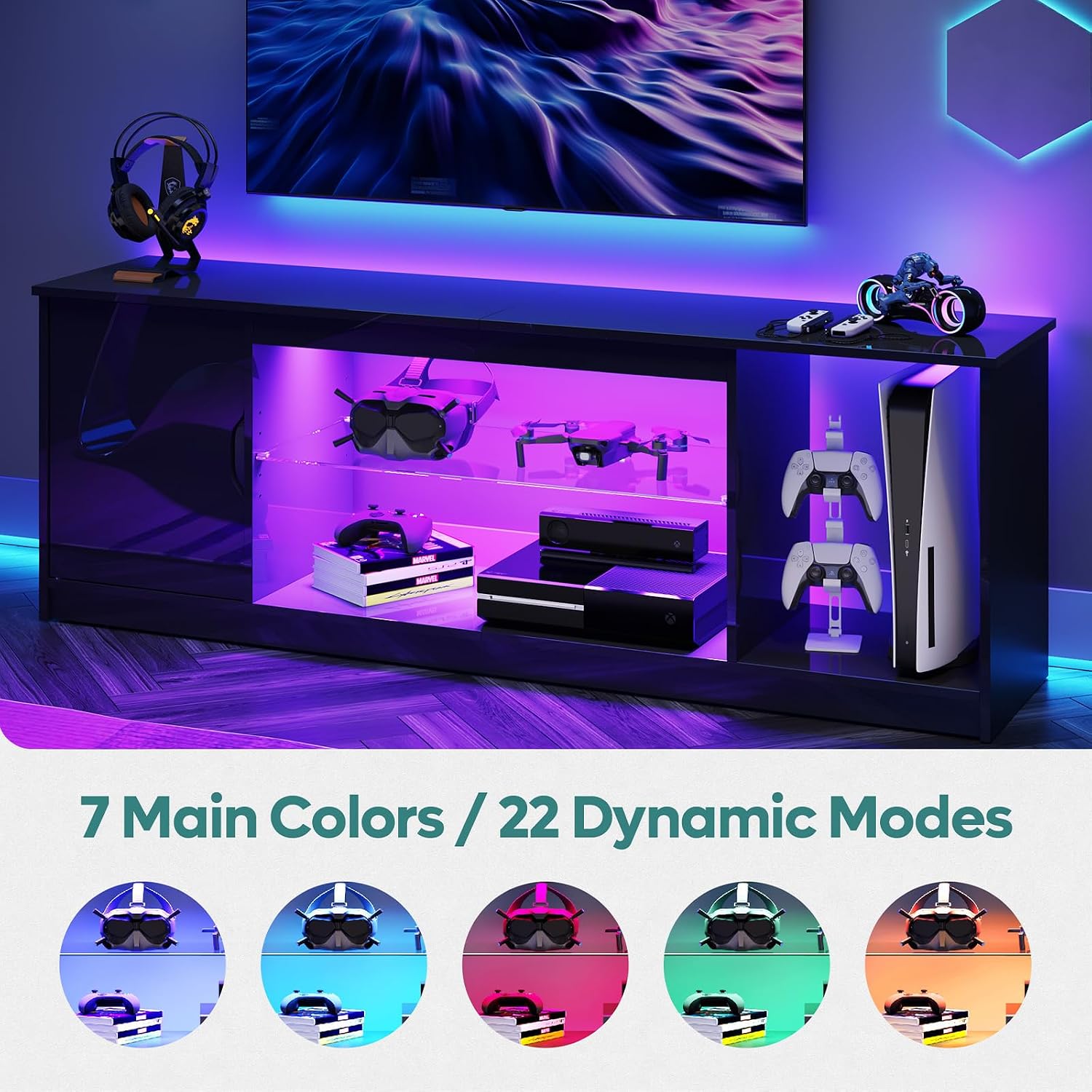 Bestier 57' Gloss Black Media Console - Gaming TV Stand for 65 Inch TV, Entertainment Center for PS5/Xbox Series X, Modern Home Theater Design, Adjustable Glass Shelves