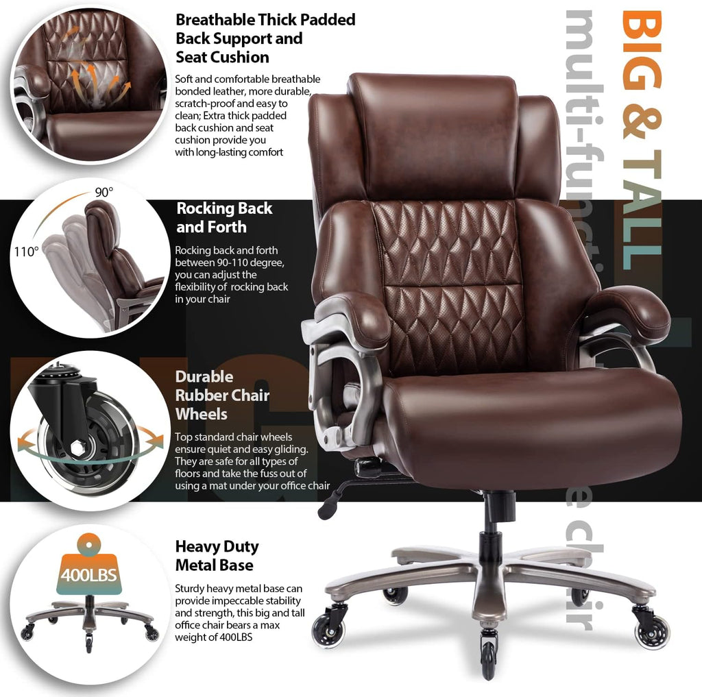 Big and Tall 400lbs Office Chair - Adjustable Lumbar Support Quiet Rubber Wheels Heavy Duty Metal Base, High Back Large Executive Computer Desk, Thick Padded Ergonomic Design for Back Pain