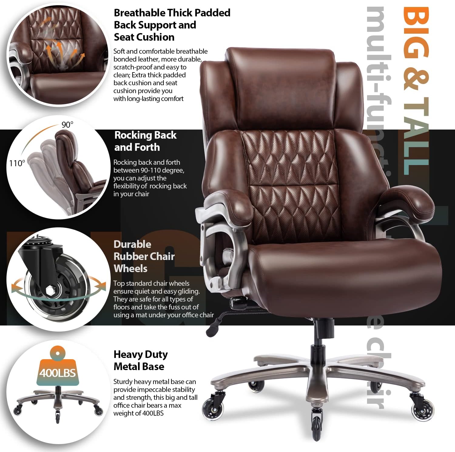 Big and Tall 400lbs Office Chair - Adjustable Lumbar Support Quiet Rubber Wheels Heavy Duty Metal Base, High Back Large Executive Computer Desk, Thick Padded Ergonomic Design for Back Pain
