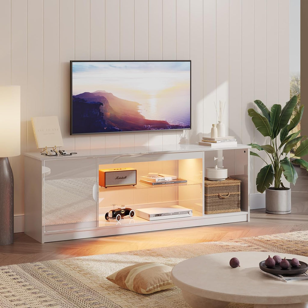 Bestier 57' Gloss White TV Stand for 65' TVs - Modern Gaming Console Unit with Glass Shelves, PS5/Xbox Cabinet, Adjustable Height Entertainment Center for Bedroom & Living Room
