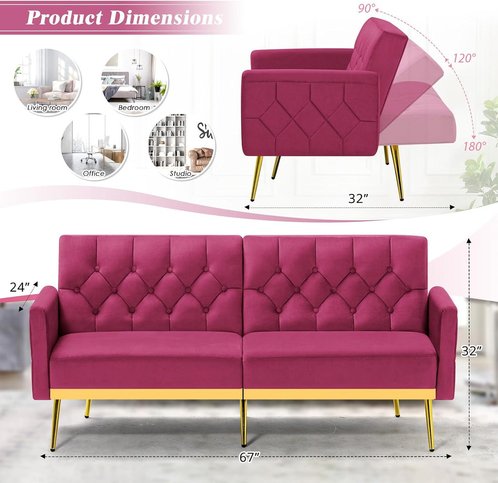 Velvet Sofa Bed w/Adjustable Armrests and Backrests, Modern Convertible Sleeper Sofa, Tufted Futon Sofa for Bedroom, Living Room, Apartment, Fuchsia