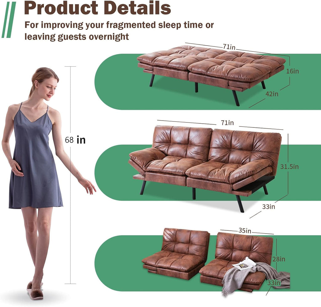 Opoiar Futon Sofa Bed,Lounge Memory Foam Sleeper Couch for Living Room,Convertible Loveseat for Compact Living Spaces,Studio Apartment,Dorm,Home Office,71'-Brown-Faux Leather-Thicker versio