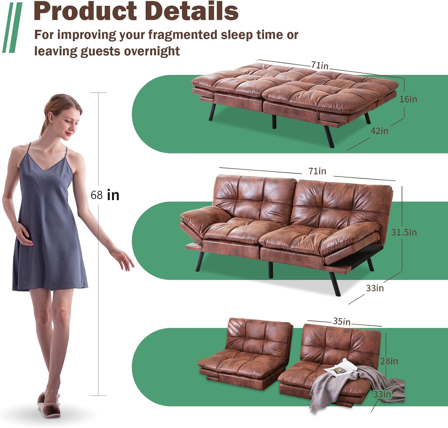 Opoiar Futon Sofa Bed,Lounge Memory Foam Sleeper Couch for Living Room,Convertible Loveseat for Compact Living Spaces,Studio Apartment,Dorm,Home Office,71'-Brown-Faux Leather-Thicker versio
