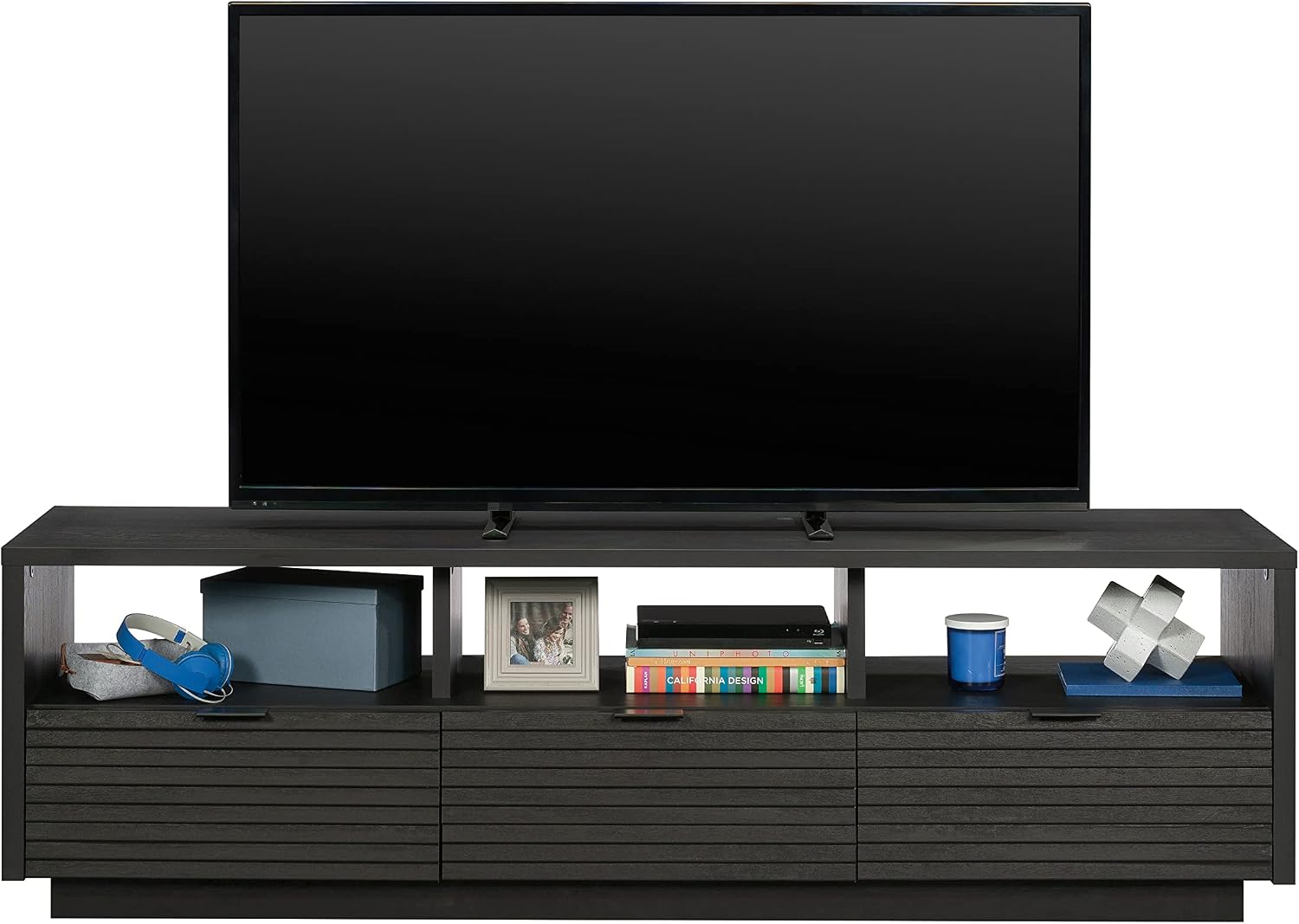 Sauder Harvey Park Modern TV Stand Media Console Credenza with Drawers and Storage Shelves, in Raven Oak