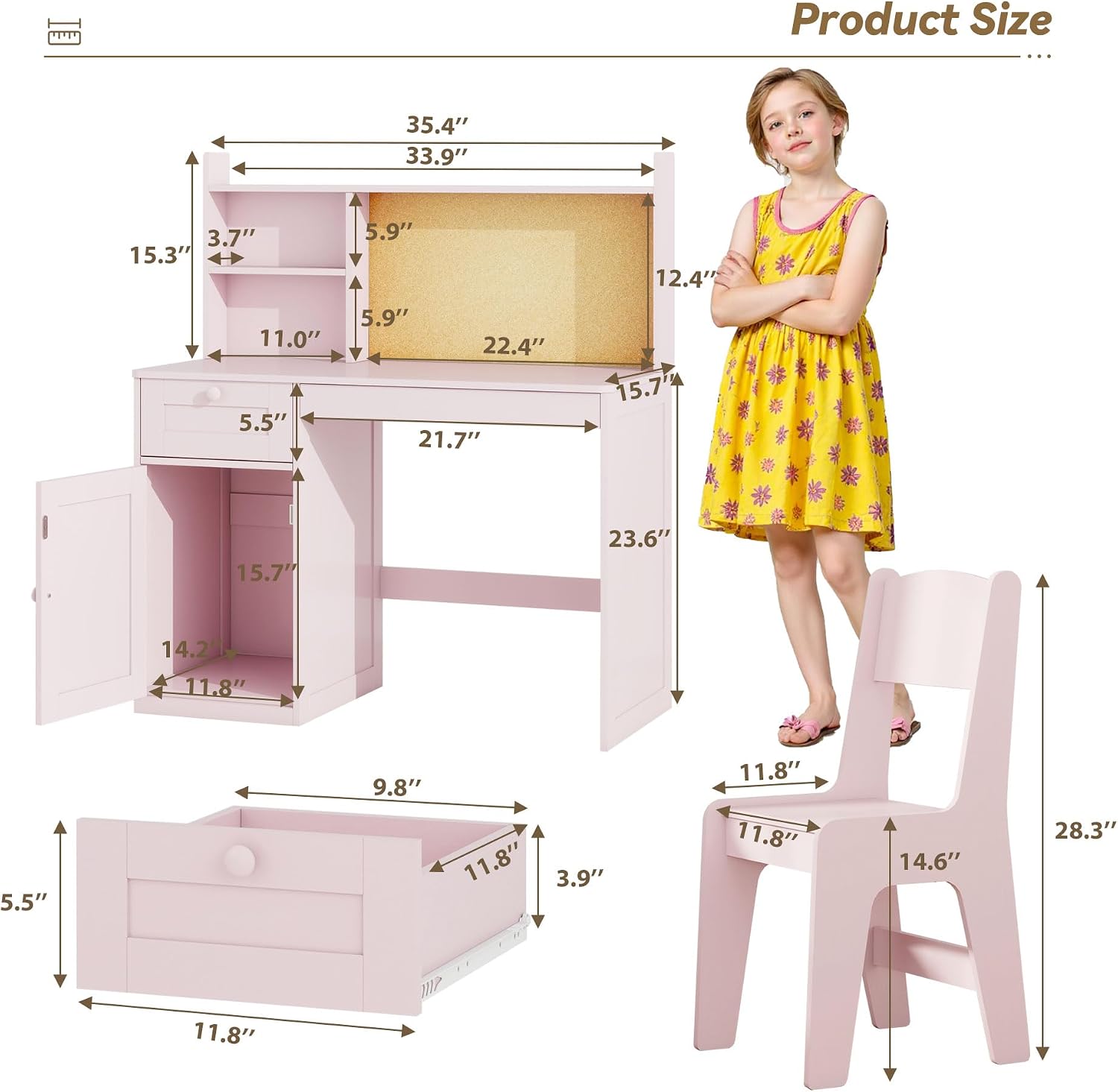 FTZxHKLX Dress Up Storage & Kids Desk Chair Set, Open Hanging Armoire Closet & Wooden Kids Desk and Chair Set with Storage Cabinet for Bedroom, Study Room, Pink