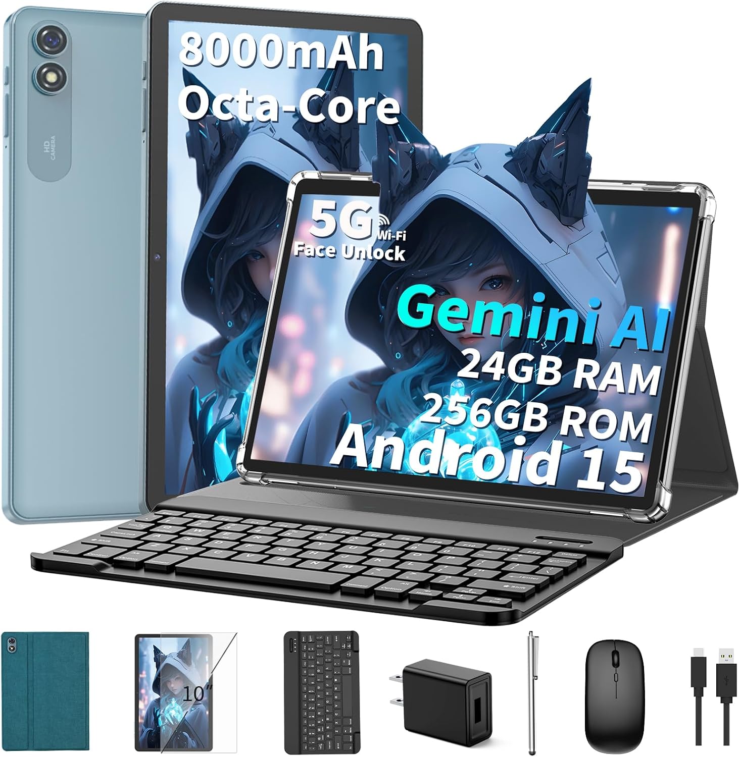 10 inch Android 15 Tablet, 2026 Tablet with Keyboard, 24GB+256GB+2TB Expand, Tablets PC with Gemini AI, 8000mAh Battery, 5G WiFi, Widevine L1, 2 in 1 Tablets with Case, Mouse, Stylus (Green Case)