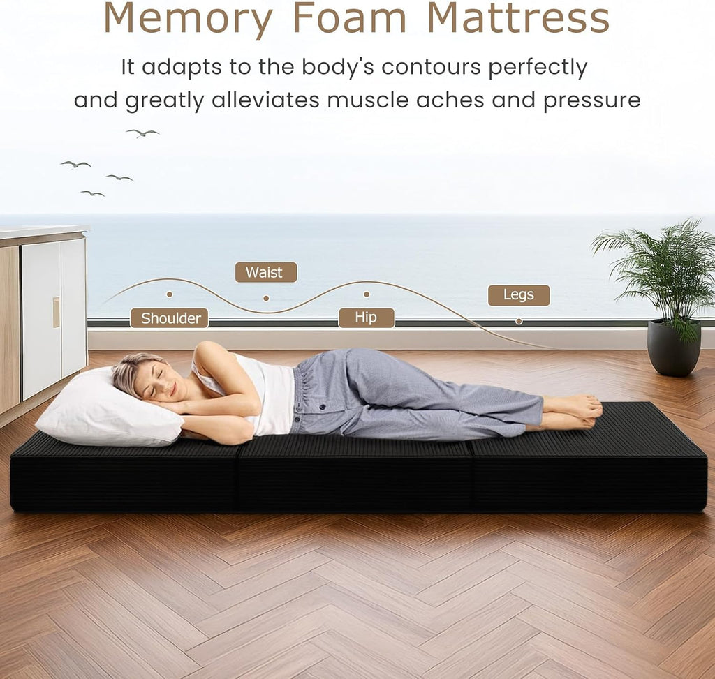 6-Inch Tri-Folding Mattress Full Size - Foldable Futon Sofa Bed with Removable Washable Cover, Folding Mattress | Non-Slip Bottom & Carry Handles for Guest, Camping, Dorm