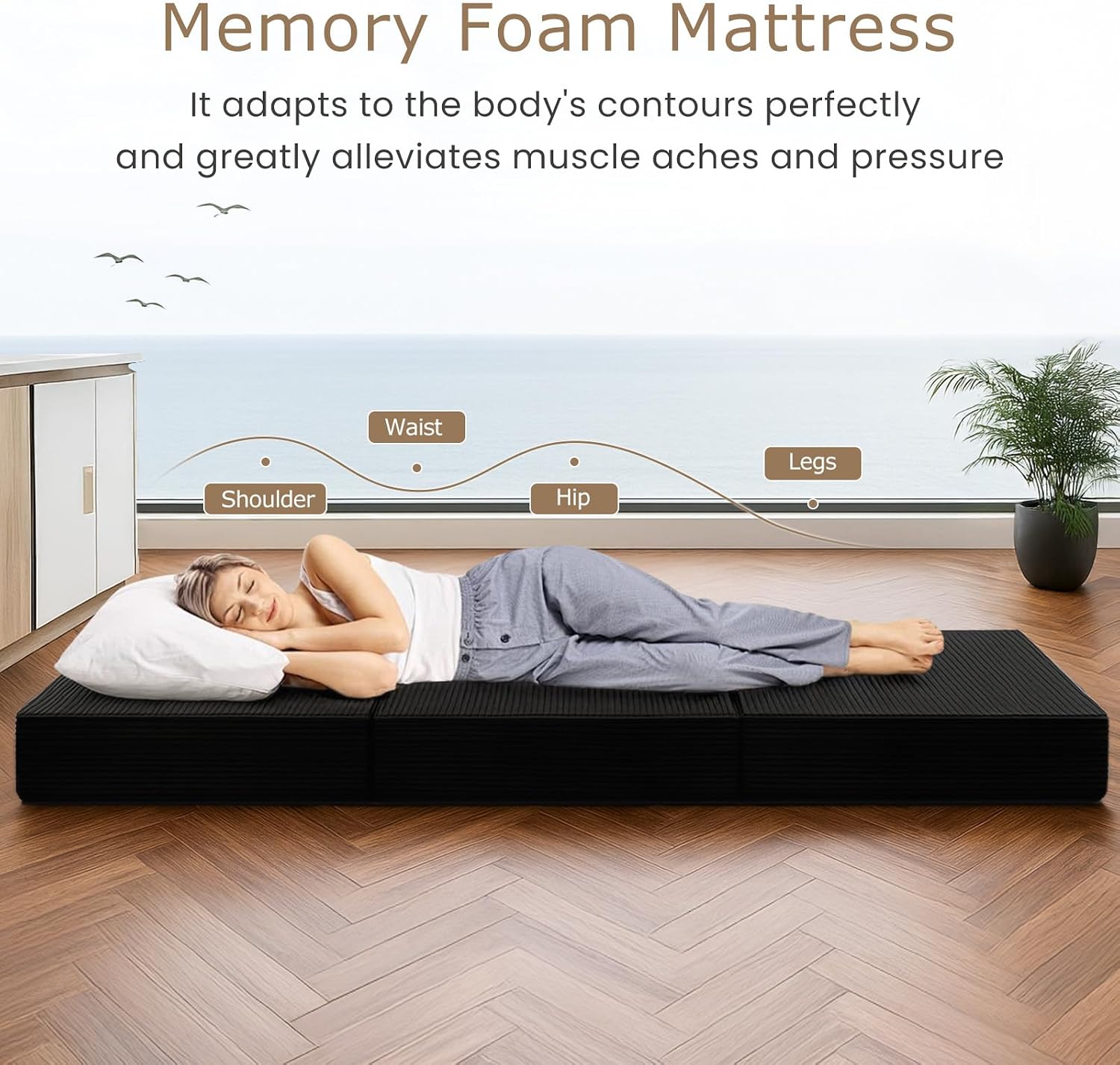 6-Inch Tri-Folding Mattress Full Size - Foldable Futon Sofa Bed with Removable Washable Cover, Folding Mattress | Non-Slip Bottom & Carry Handles for Guest, Camping, Dorm