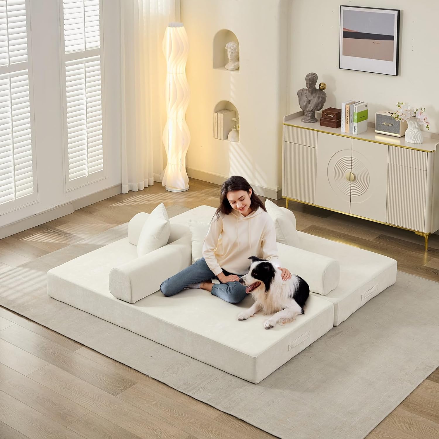 Futon Sofa Bed, Modular Convertible Folding 3 Seater Chenille Foam Floor Loveseat Sleeper Sofa Couch with 3 Pillows, No Assembly Compressed Boneless Couch, for Living Room Bedroom Guest Room, Beige