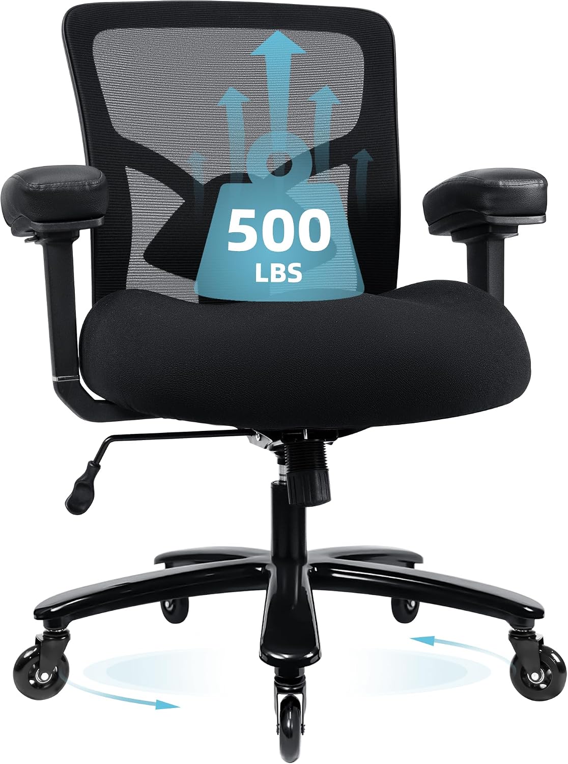 500LBS Big and Tall Office Chair with 4D Armrests & Adjustable Backrest, Heavy Duty Office Chair for Heavy People, Memory Foam Seat Filling Springs, Black