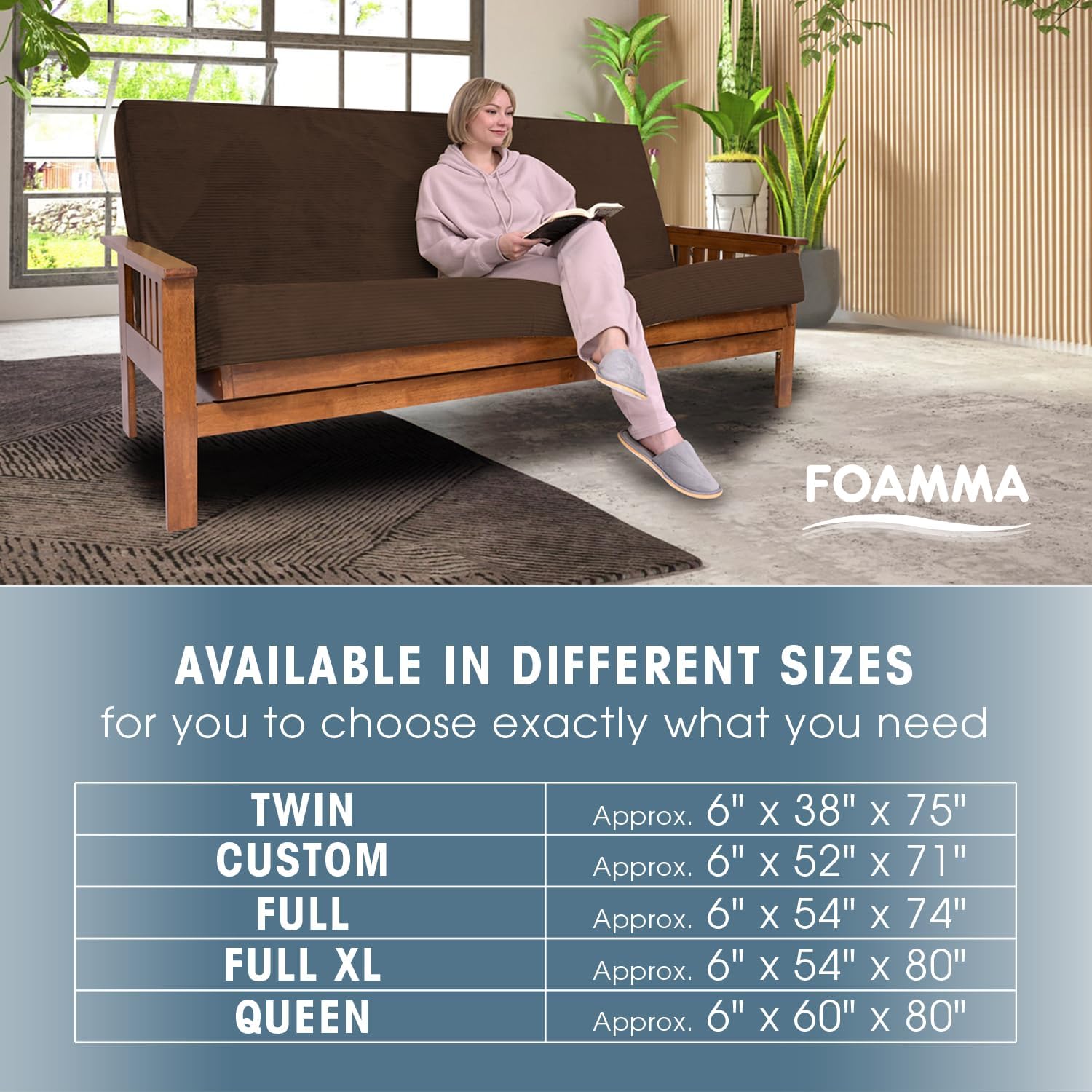Foamma Memory Foam Futon Mattress, Double-Sided Foldout Couch Futon Mattress, 6' x 60' x 80' Queen Size (Brown), Corduroy Fabric - Heavy Duty Sofa Bed, Thick Corded Cushion (Frame NOT Included)