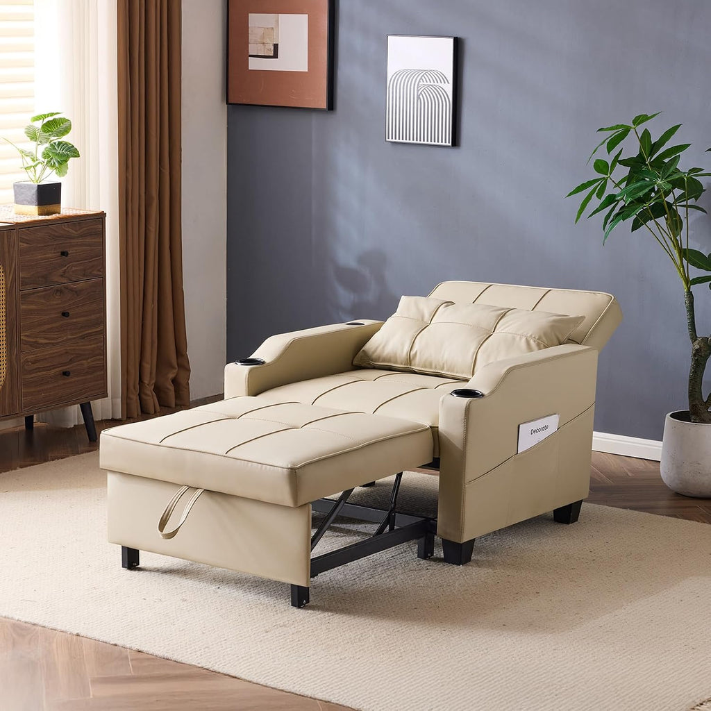 VINGLI Beige Sleeper Chair Bed 3-in-1 Convertible Futon Sofa Bed Pull Out Couch Bed Adjustable Recliner Chair with USB Ports Cup Holders Side Pockets for Living Room Bedroom Small Spaces