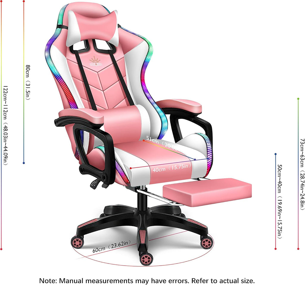RGB Gaming Chair with Massage and Footrest, Ergonomic Pro Computer Chair with LED Lights and Speakers, High Back Music Video Chair with Lumbar Support and Headrest, for Adult Teens. (White + Pink)