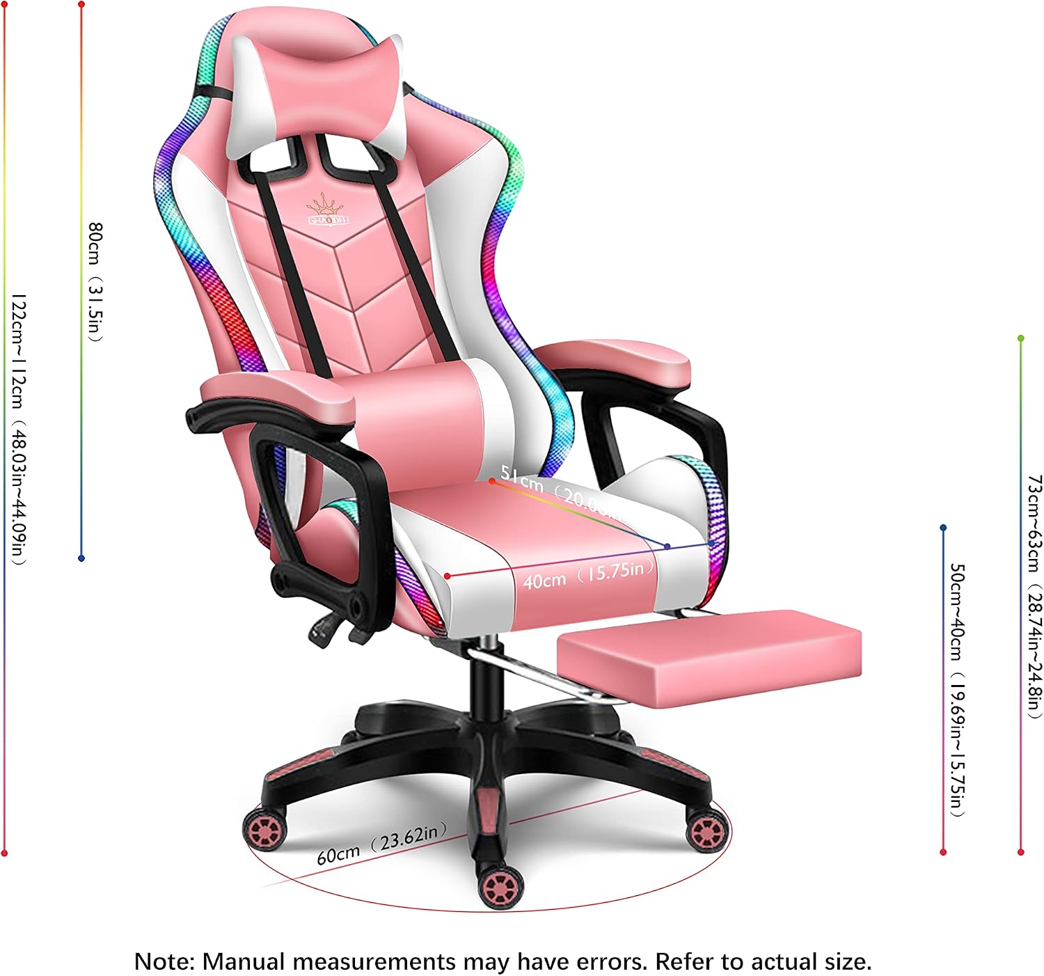 RGB Gaming Chair with Massage and Footrest, Ergonomic Pro Computer Chair with LED Lights and Speakers, High Back Music Video Chair with Lumbar Support and Headrest, for Adult Teens. (White + Pink)