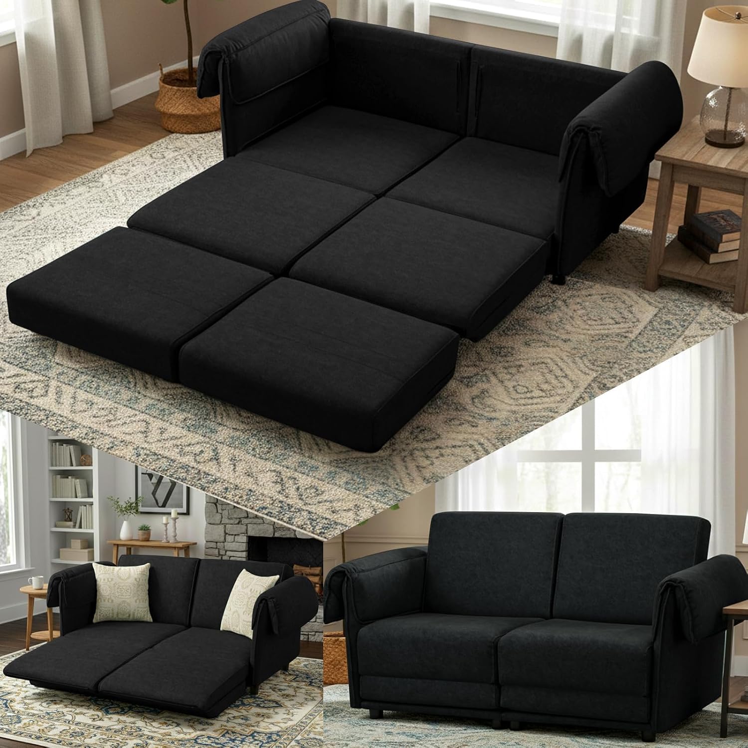 FHFO 65' Loveseat Sleeper Couch for Small Spaces, 3 in 1 Pull Out Sofa Bed Convertible Sleeper Sofa Comfy Sofabed for Living Room, Bedroom, Apartment, Black