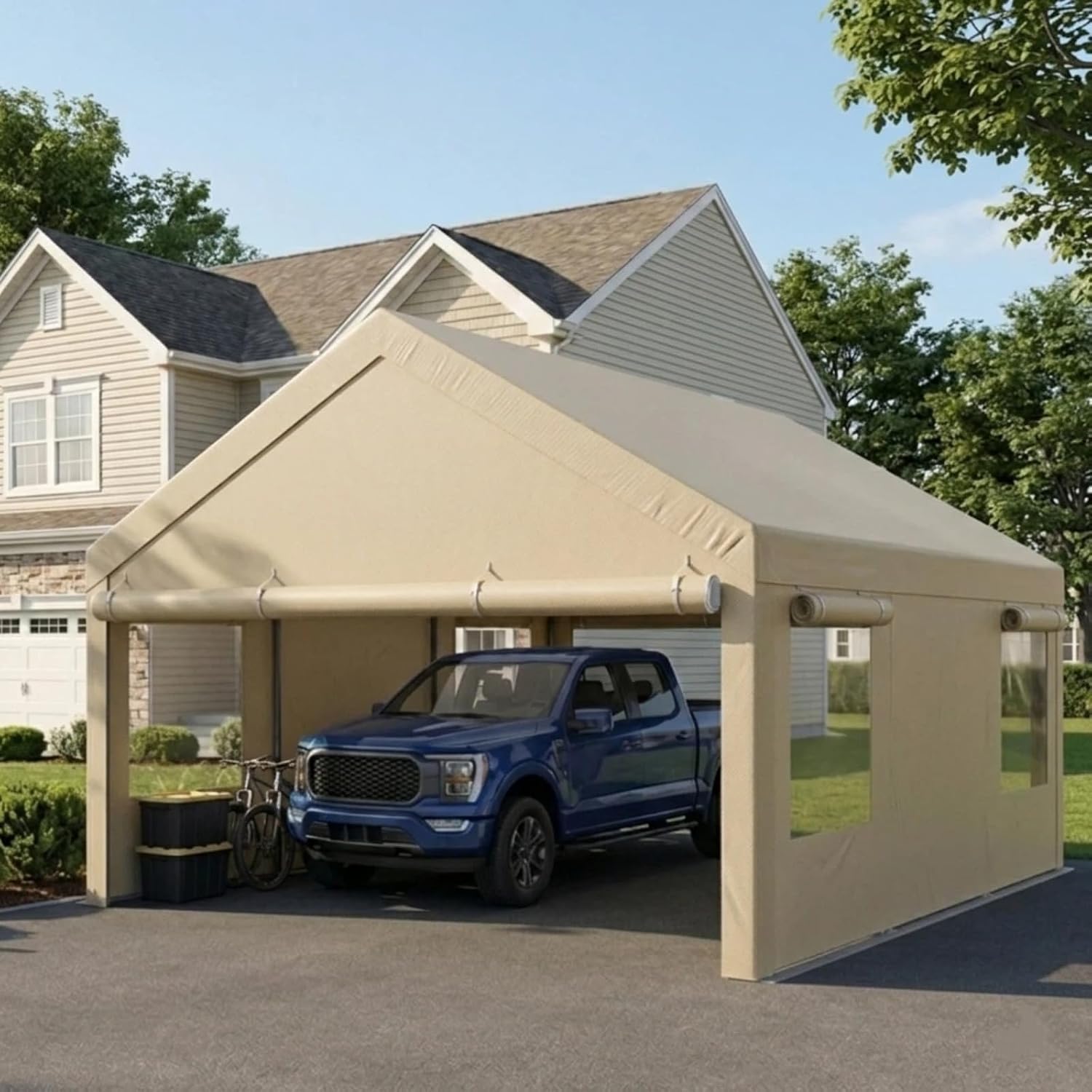 12x20 FT Heavy Duty Carport Canopy, All-Weather Vehicle Shelter with Roll-up Ventilation Windows & Removable Sidewalls, Portable Garage for SUV, Truck, Boat, Khaki