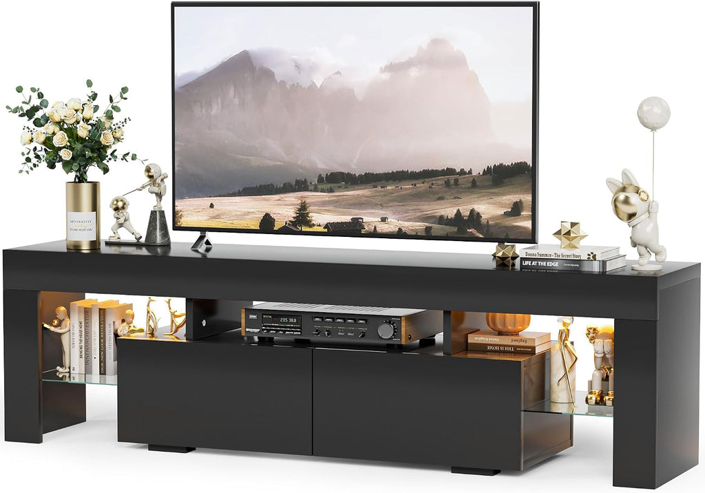 YESHOMY Modern Black LED TV Stand for Televisions up to 70 Inch with Glass Shelves and Drawer, Gaming Entertainment Center with Multiple Dynamic RGB Modes, for Livingroom, Bedroom, 60 Inch, Black