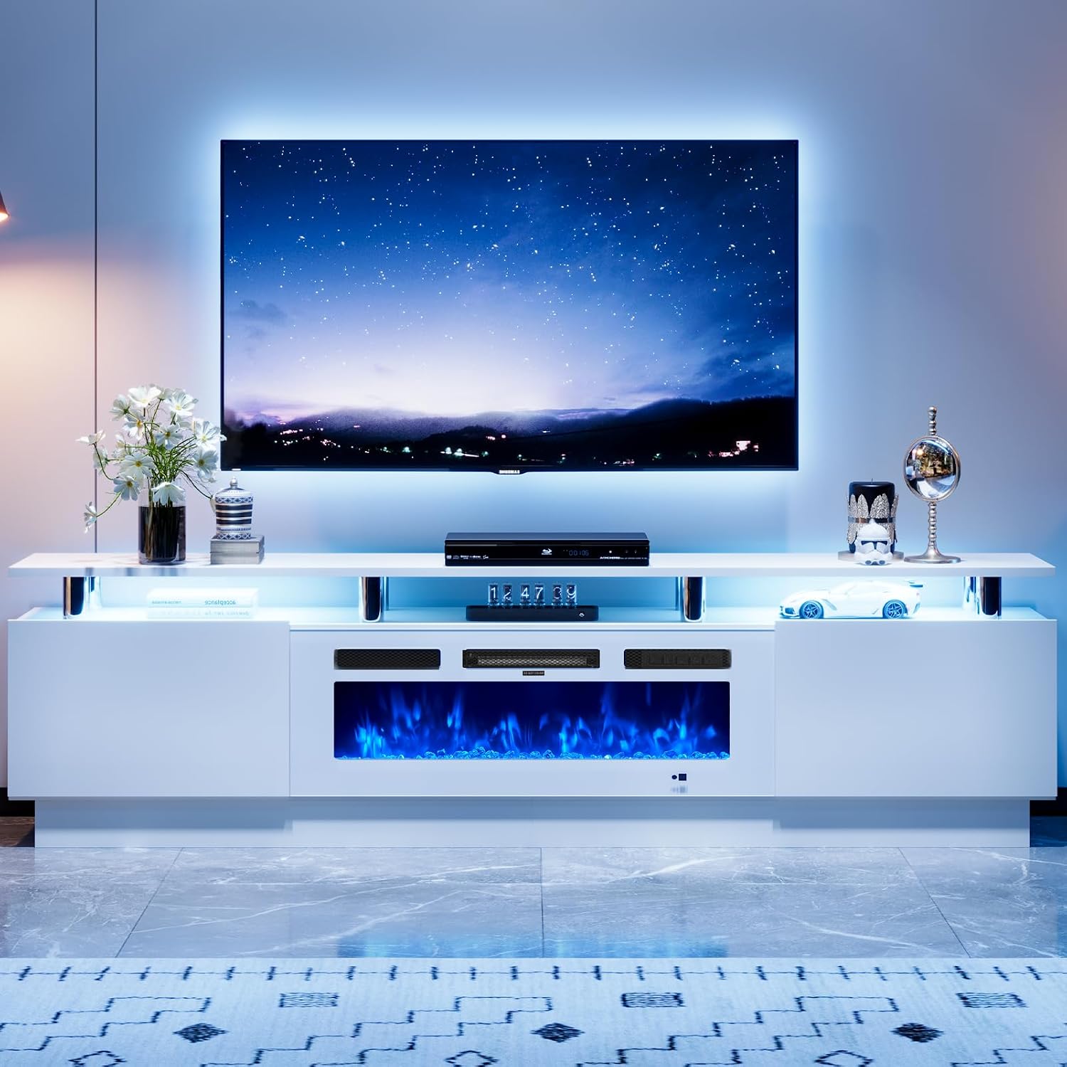 80' Entertainment Center & TV Stand, Modern Media Console with Storage Cabinet, Fits TVs up to 90', Living Room Furniture, 36' Electric Fireplace (All White)