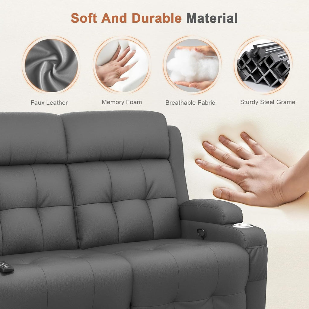 RV Loveseat Recliner Sofa, Massage Wall Hugger Recliners Couch with USB Port, Side Pockets, Cup Holders, 150° Reclining Sleeper, for RV Furniture & RV Camper & Home Theater Seating