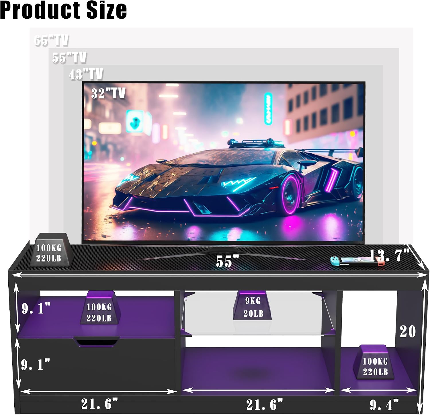 JUMMICO TV Stand, Entertainment Center LED Gaming TV Stand for 65+ Inch TV Carbon Fiber Top, Dynamic RGB Modes TV Cabinet Console with Adjustable Glass Shelves Storage Drawers (Black)