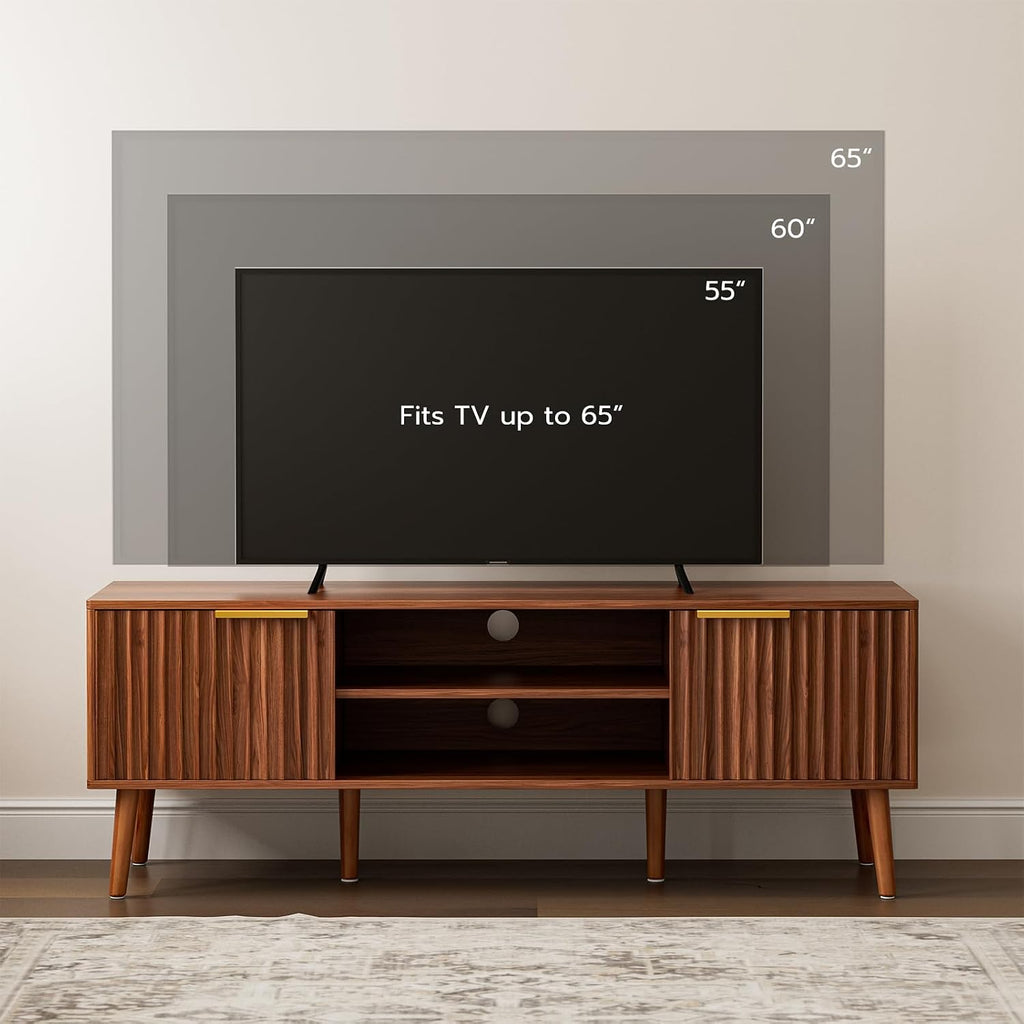 LCRBOL TV Stand for Living Room, Mid Century Modern Entertainment Center for 55/60 inch TVs, TV Console with Fluted Door Cabinets and Open Shelves, for Bedroom, Walnut