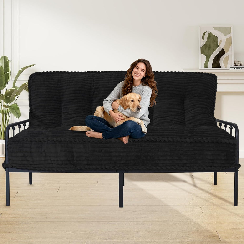 8' Futon Mattress Full Size 54' x 80', Futon Sofa Couch Bed with Twisted Rope Design Edging, Extra Thick Corded Floor Futon Mattress Sleeping Mat for Adults, Camping, Dorm, Black(Frame Not Included)