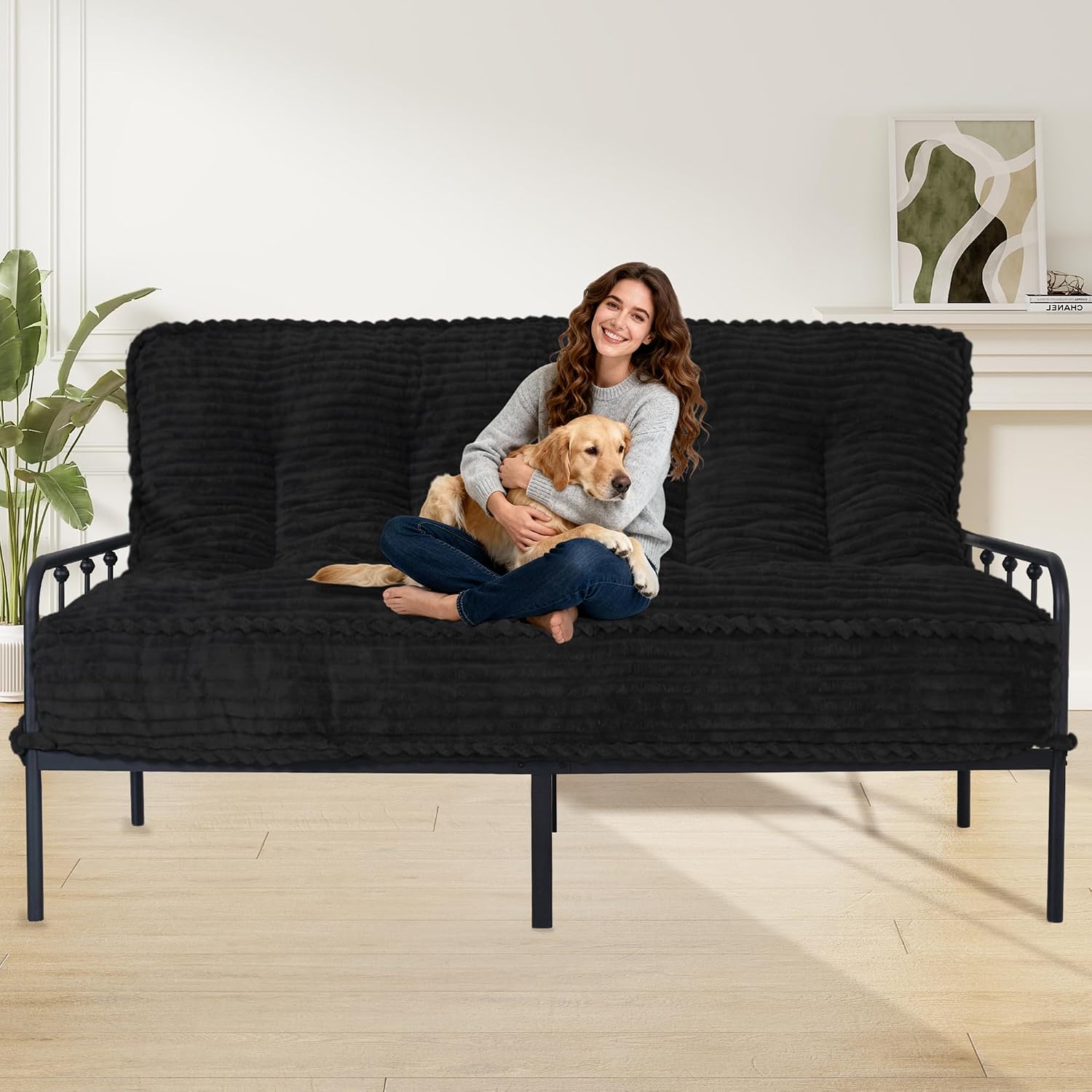 8' Futon Mattress Full Size 54' x 80', Futon Sofa Couch Bed with Twisted Rope Design Edging, Extra Thick Corded Floor Futon Mattress Sleeping Mat for Adults, Camping, Dorm, Black(Frame Not Included)